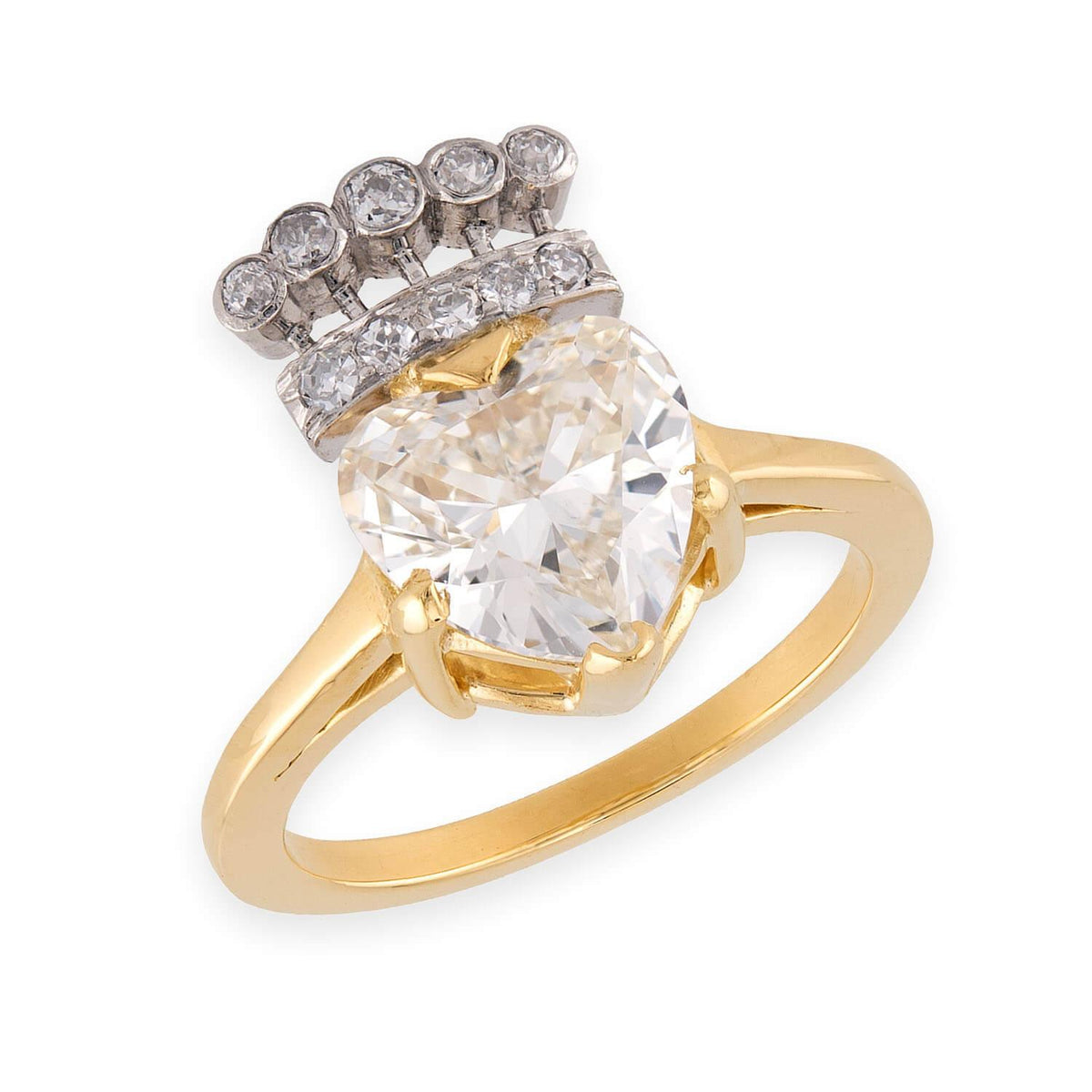 Retro 18k/Platinum Diamond Crown & Heart-Motif Ring