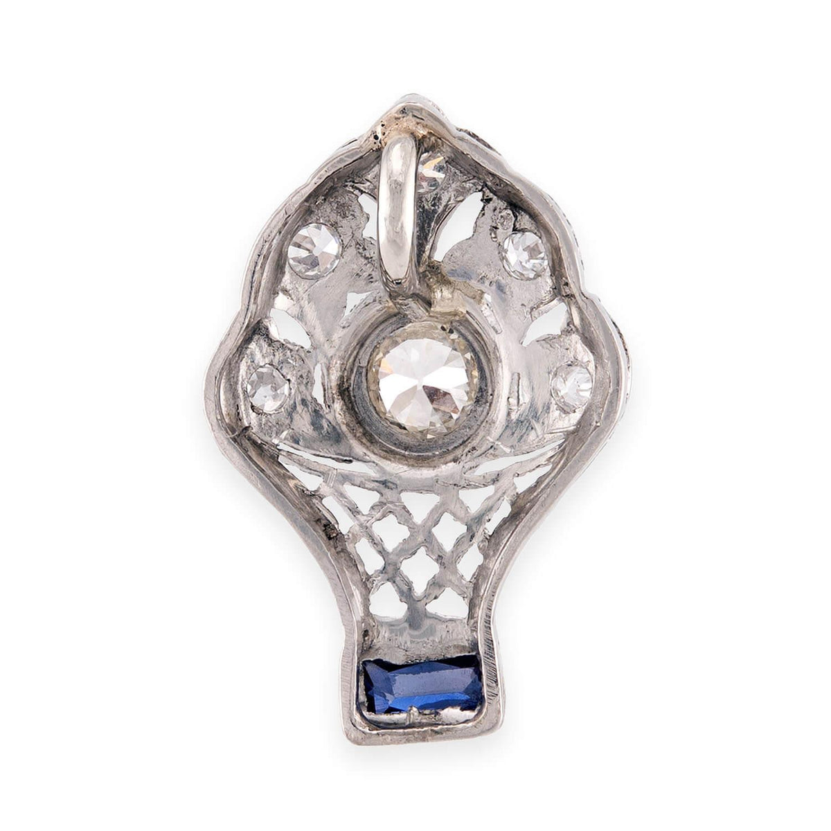 Edwardian Platinum Diamond & Sapphire Flower Basket-Motif Pendant/Charm