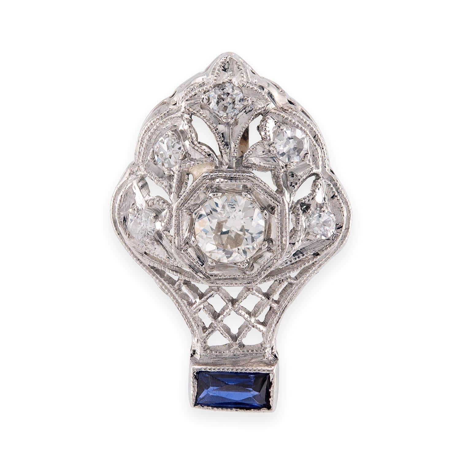 Edwardian Platinum Diamond & Sapphire Flower Basket-Motif Pendant/Charm