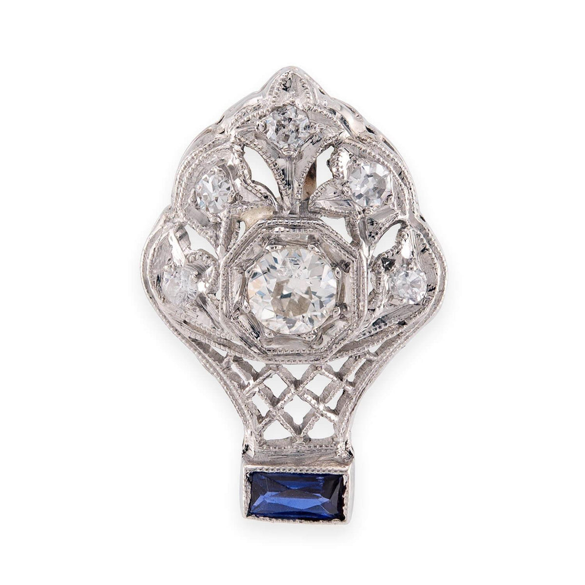 Edwardian Platinum Diamond & Sapphire Flower Basket-Motif Pendant/Charm