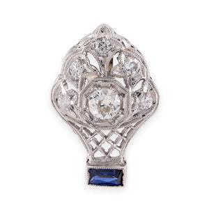 Edwardian Platinum Diamond & Sapphire Flower Basket-Motif Pendant/Charm
