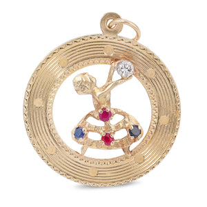 Vintage 14k Diamond, Sapphire, and Ruby Ballerina-Motif Pendant/Charm