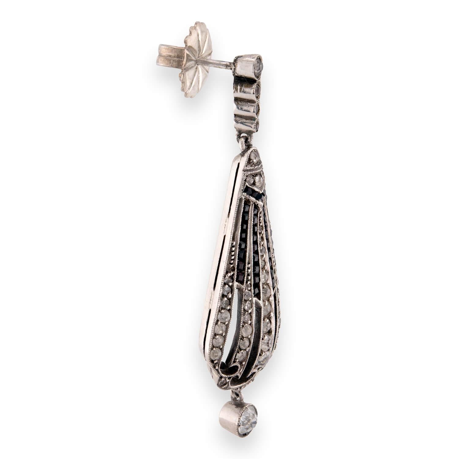 Art Deco 900 Silver Paste & Onyx Drop Earrings