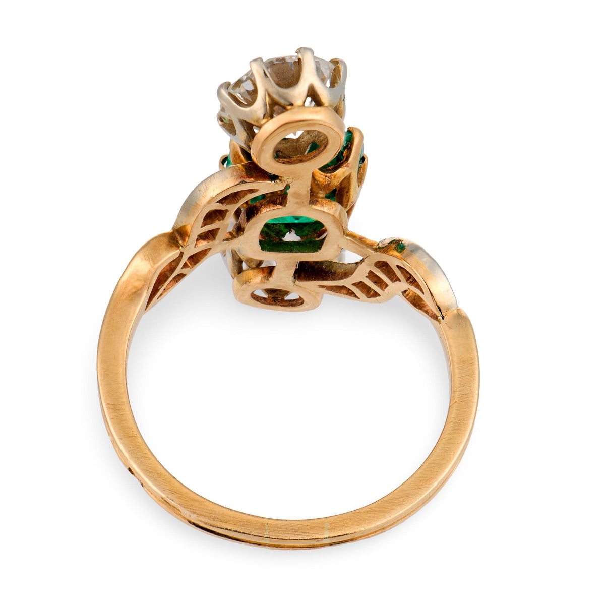 Art Nouveau French 18k/Platinum Emerald & Diamond Navette Ring