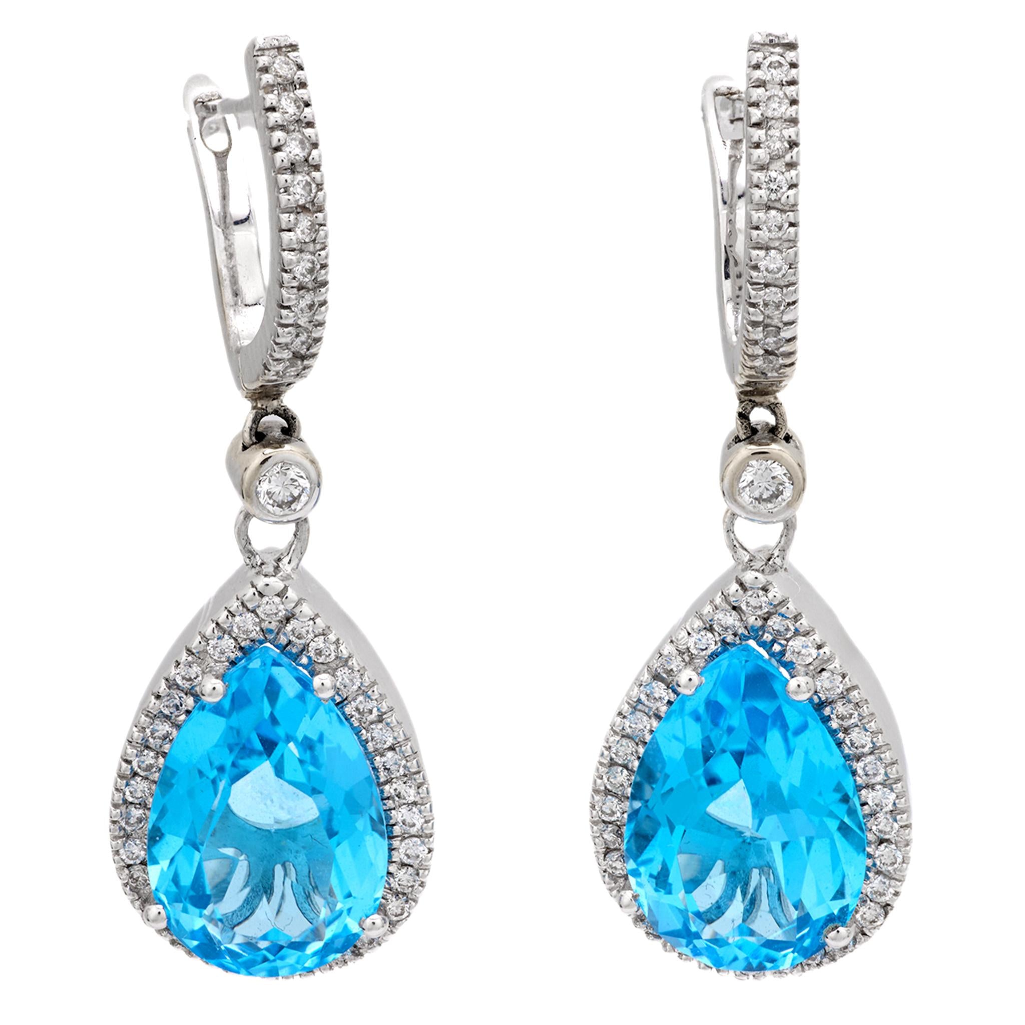 Estate 18k Blue Topaz and Diamond Drop Earrings