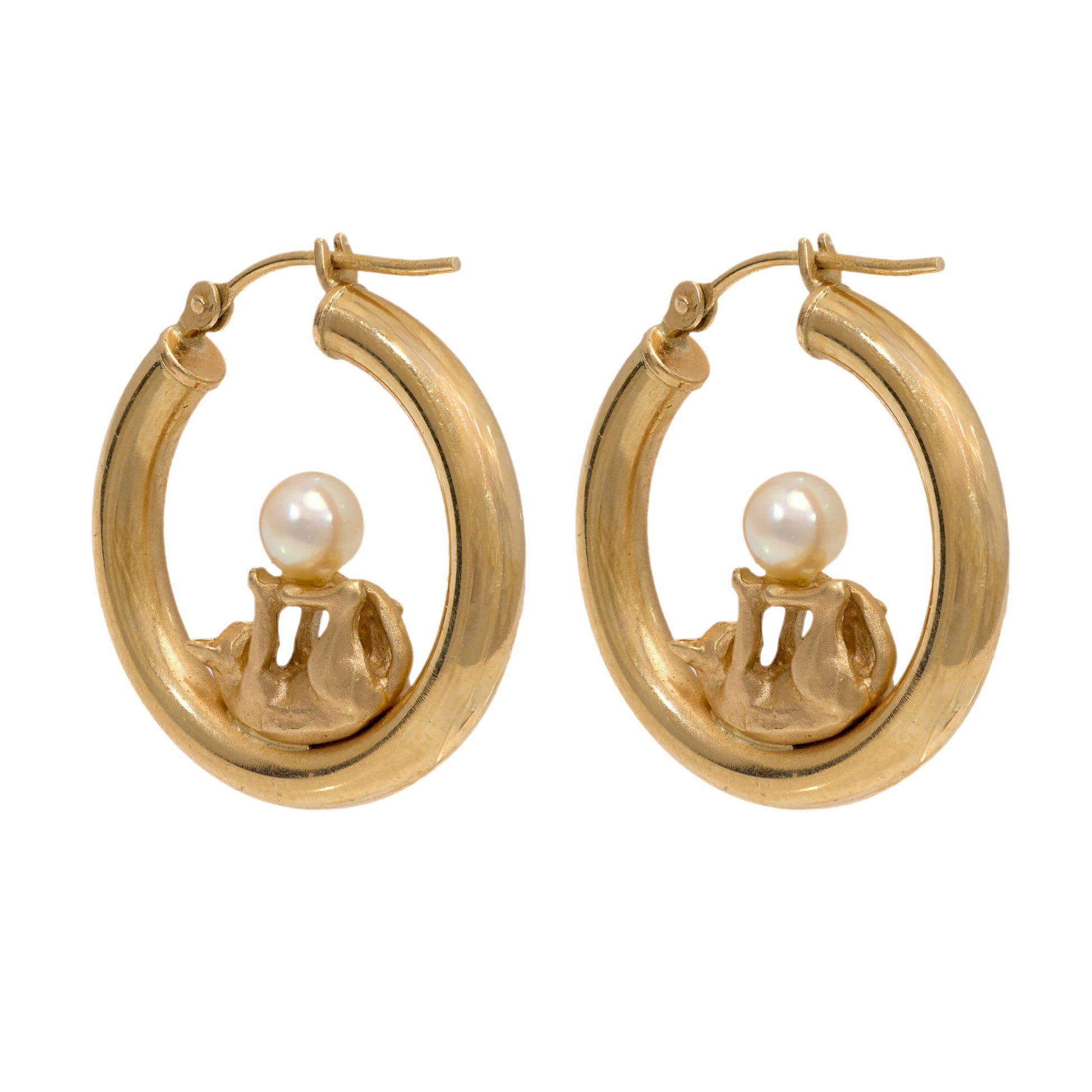Estate 14k Pearl Cat Motif Hoop Earrings