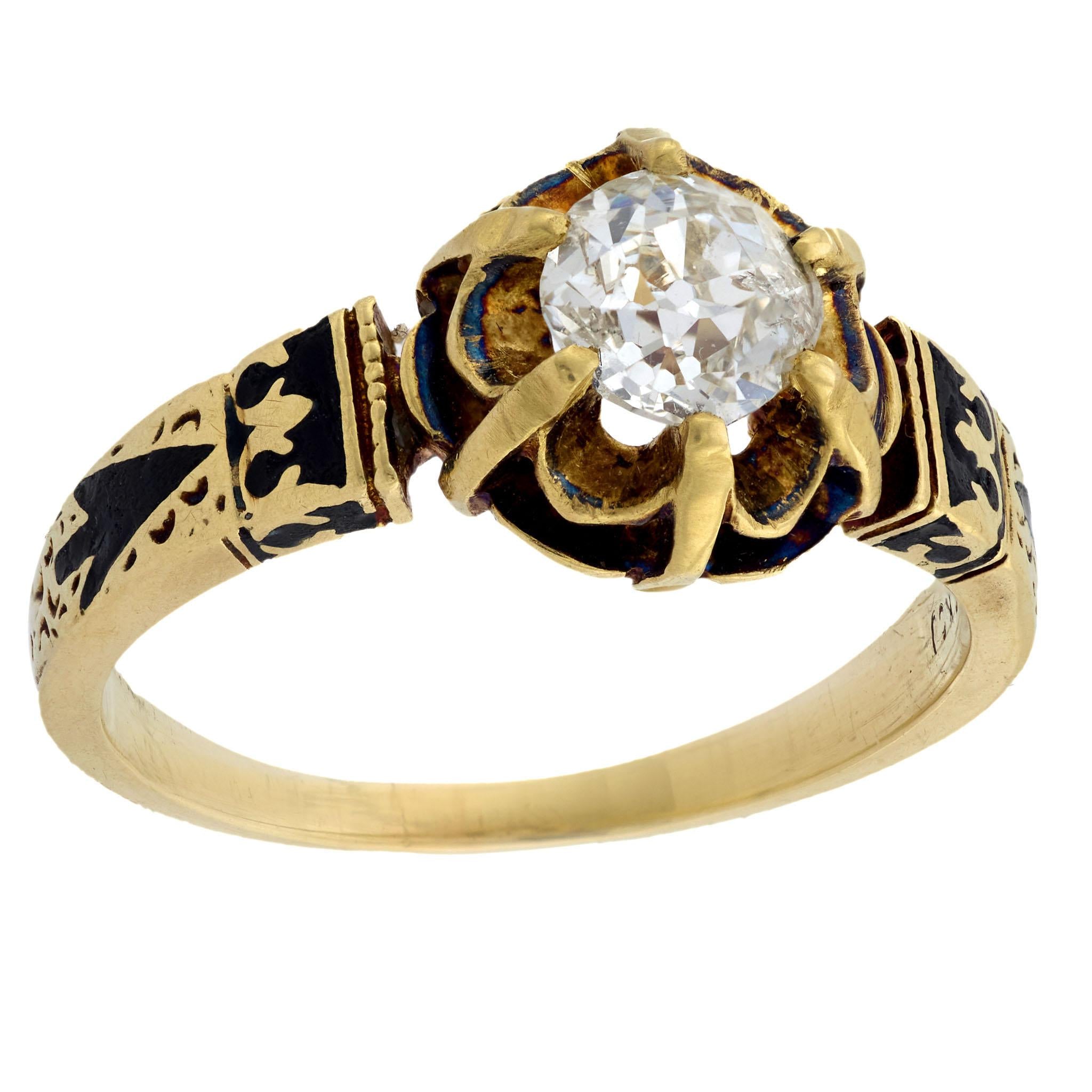 Victorian 14k Diamond and Enamel Engagement Ring 0.70ct