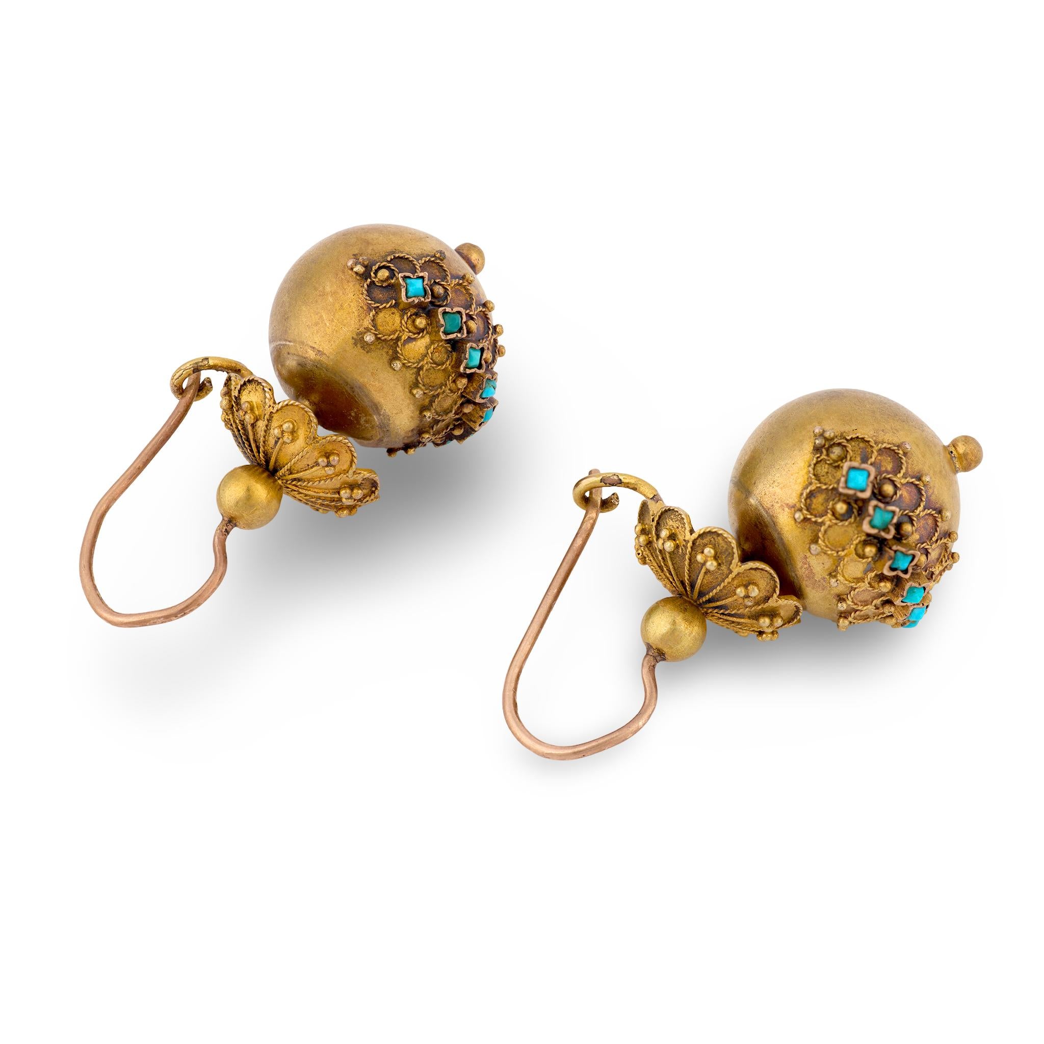 Victorian 14k Etruscan Turquoise Ball Earrings