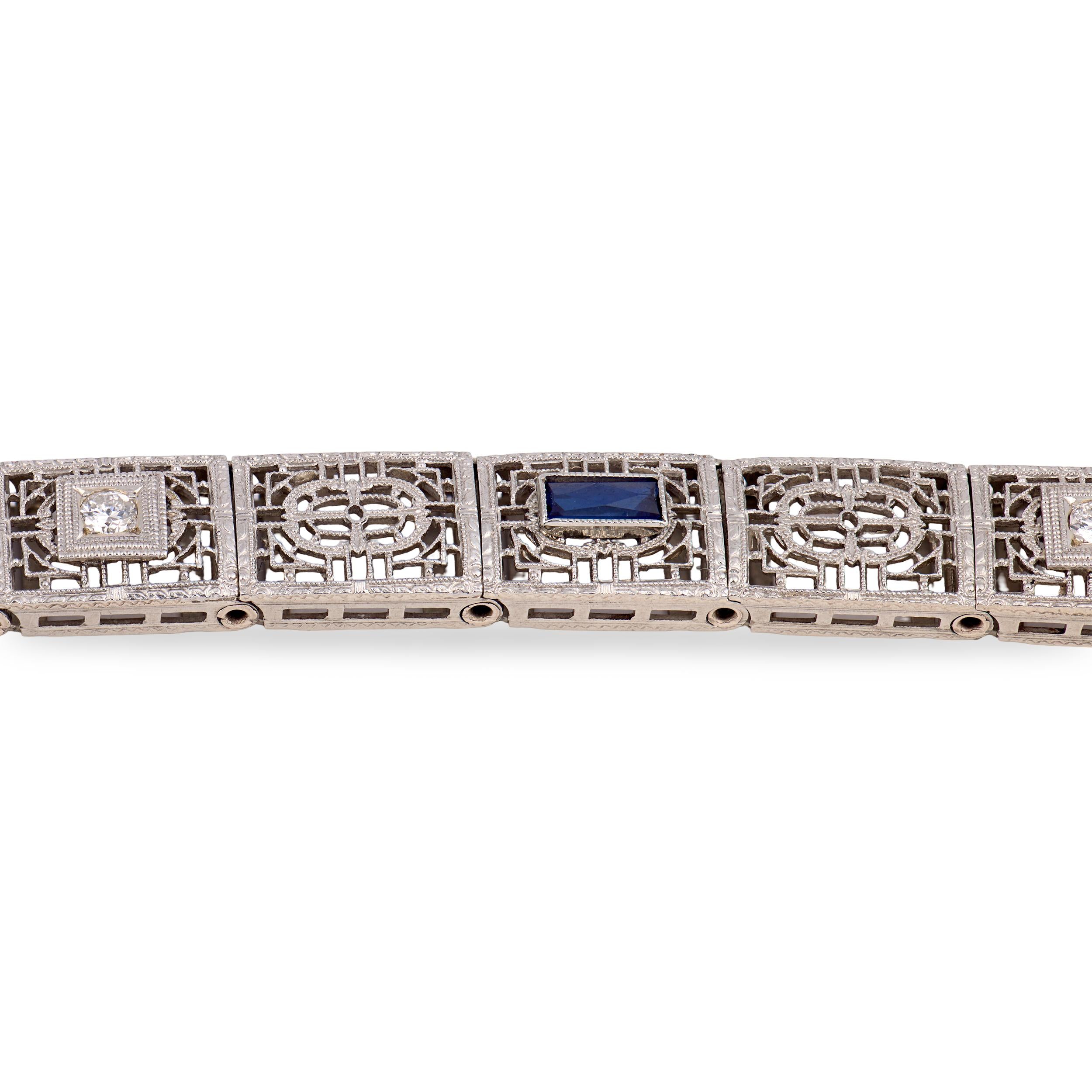 Art Deco 14k "Sapphire" & Diamond Line Bracelet