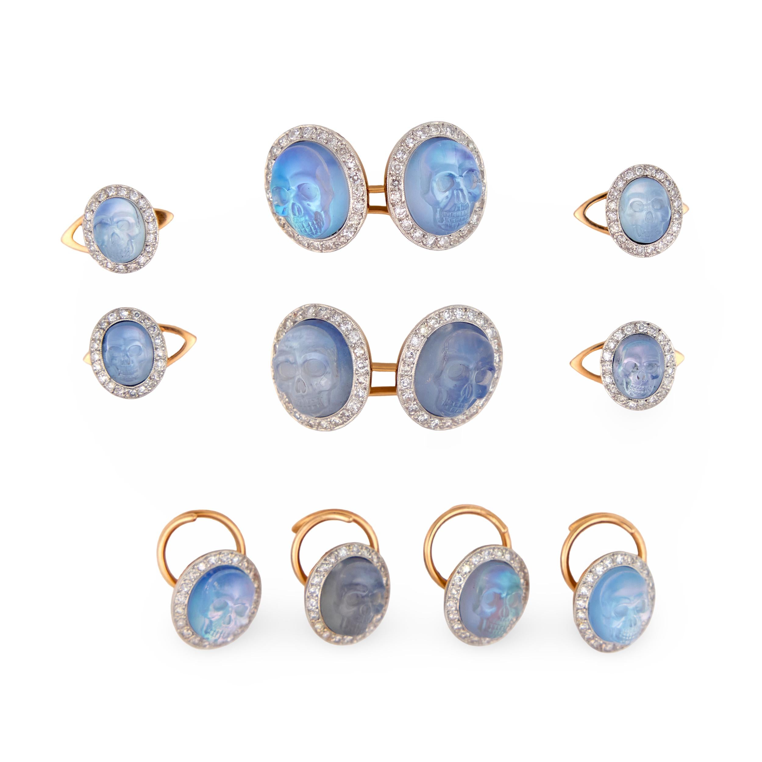 MORELLE DAVIDSON Estate 14k/Platinum Moonstone Skull-Motif 10-Piece Cufflink Set