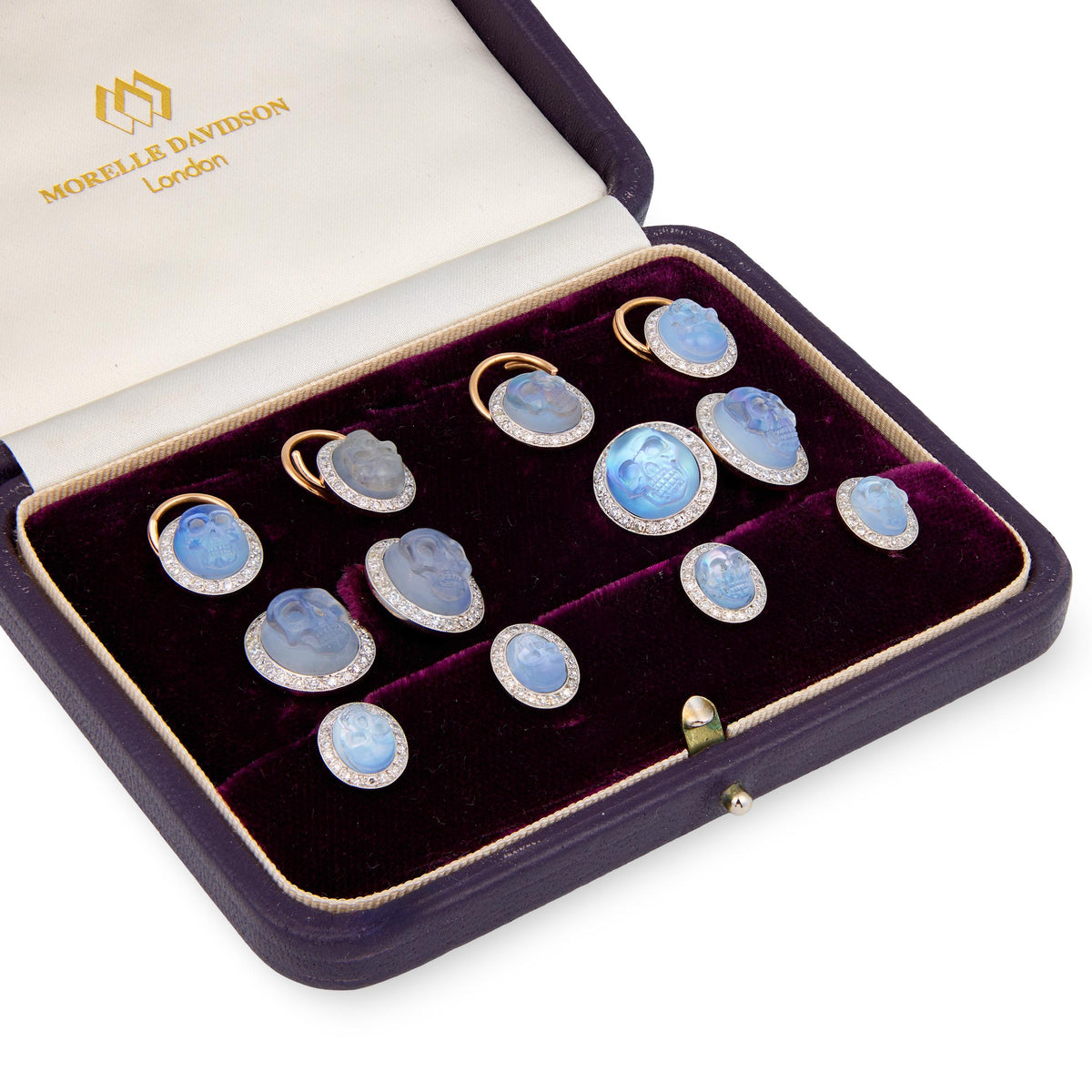 MORELLE DAVIDSON Estate 14k/Platinum Moonstone Skull-Motif 10-Piece Cufflink Set