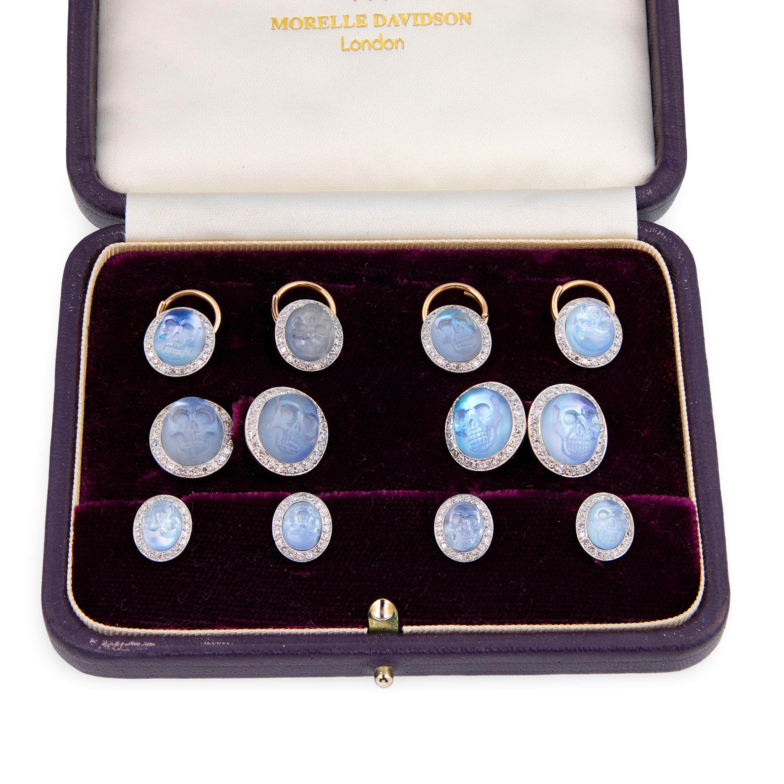 MORELLE DAVIDSON Estate 14k/Platinum Moonstone Skull-Motif 10-Piece Cufflink Set