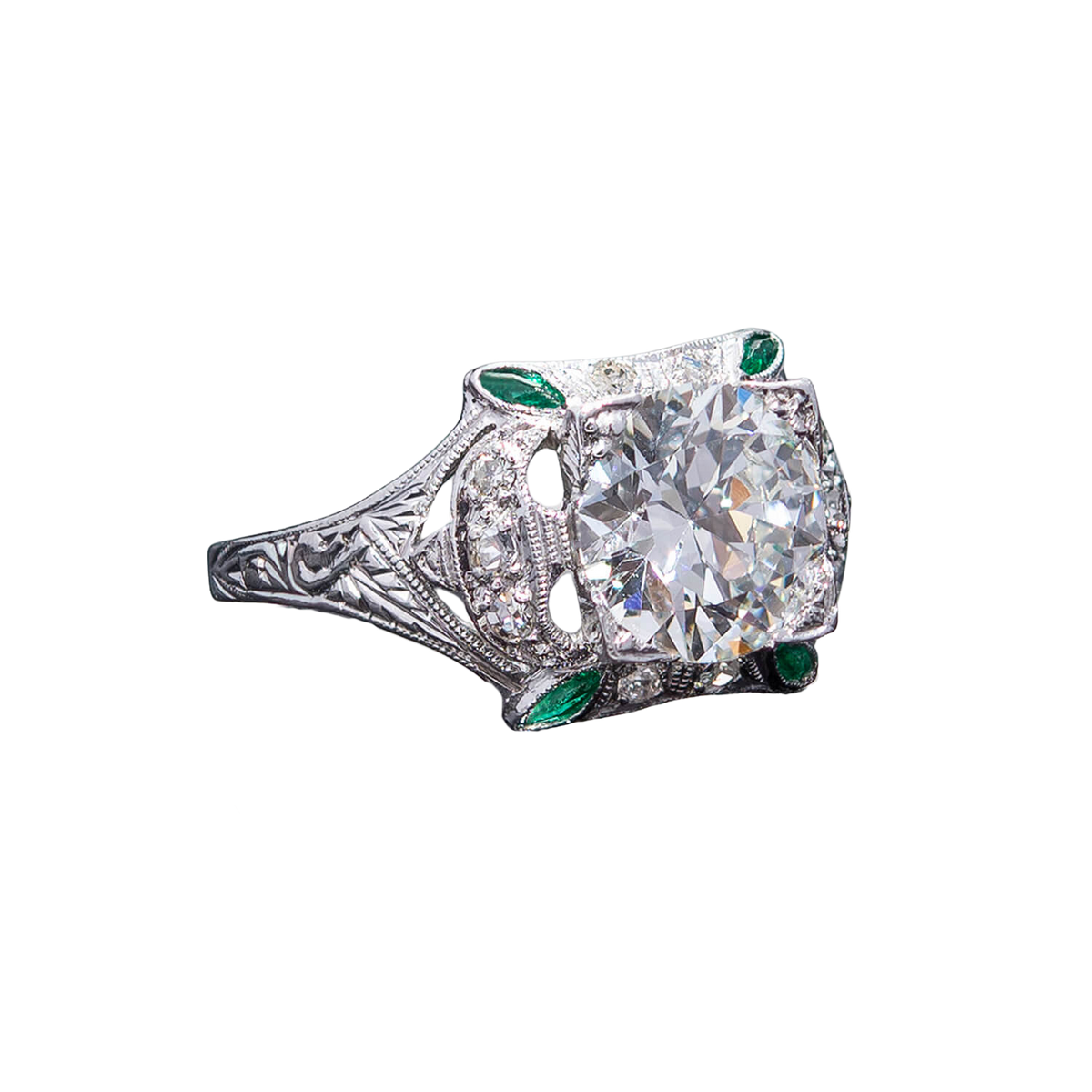 Art Deco Platinum Diamond + Emerald Engagement Ring 1.78ct