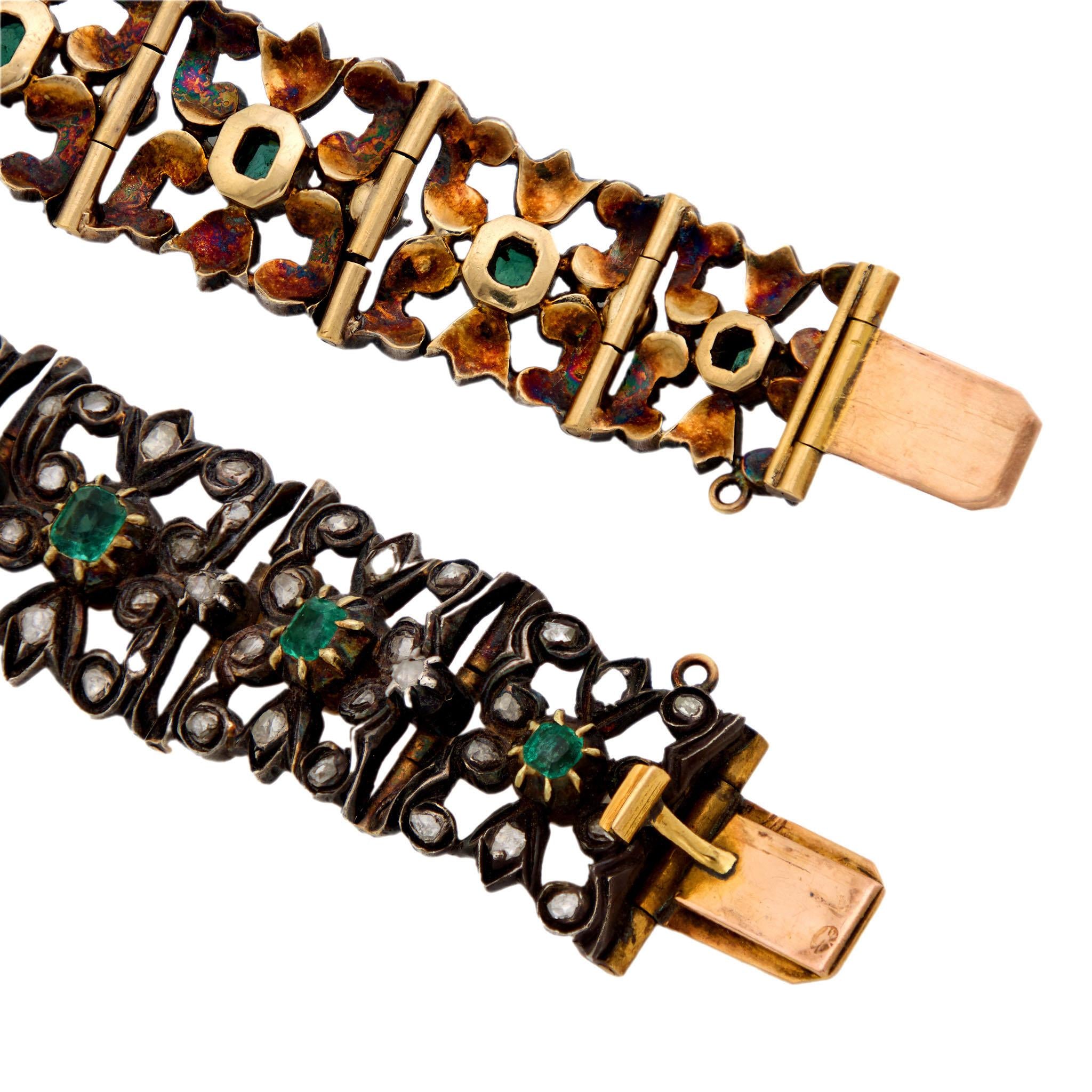 Regency Russian 14k Gold/Sterling Silver Emerald & Diamond Line Bracelet