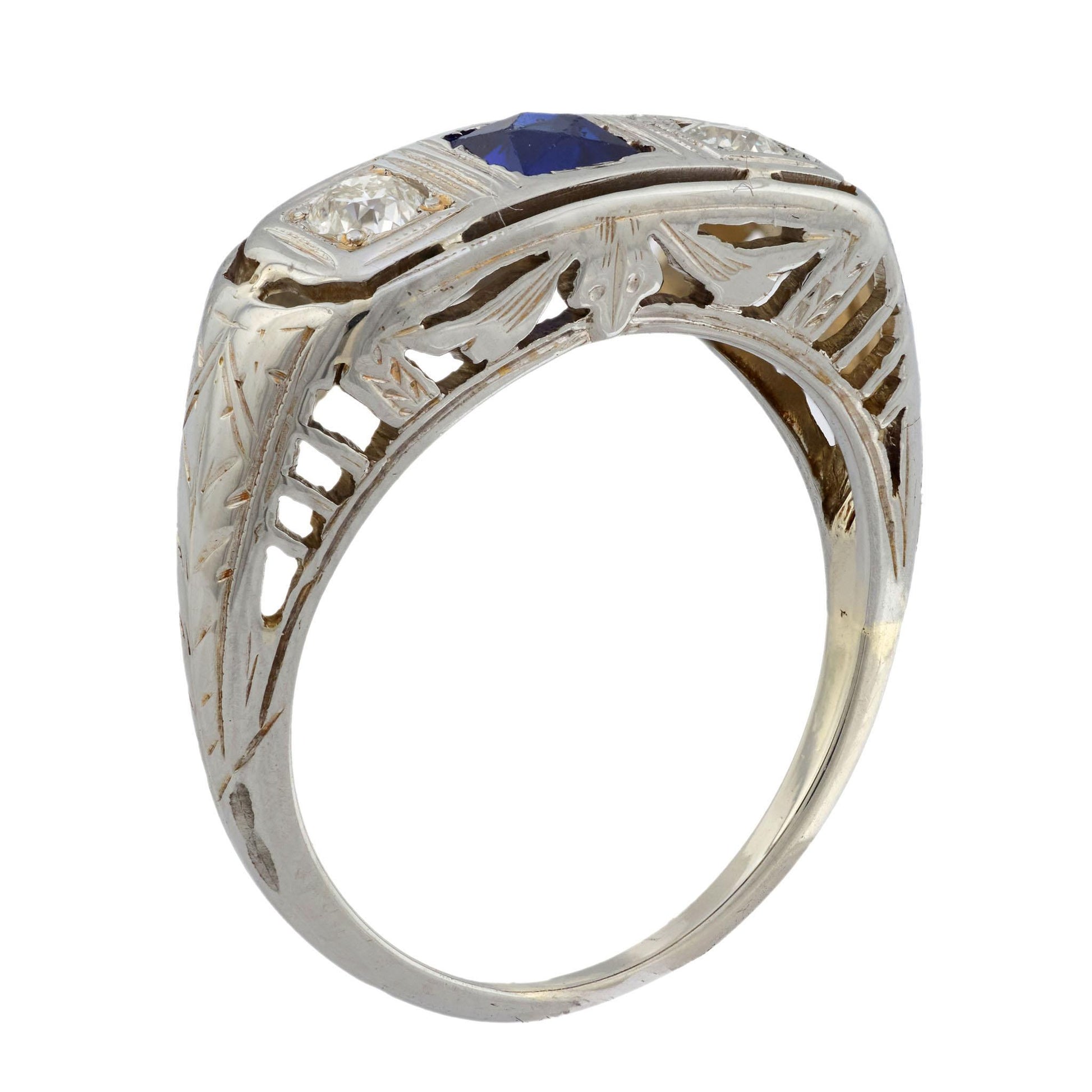 Art Deco 14k Sapphire & Diamond Three Stone Ring