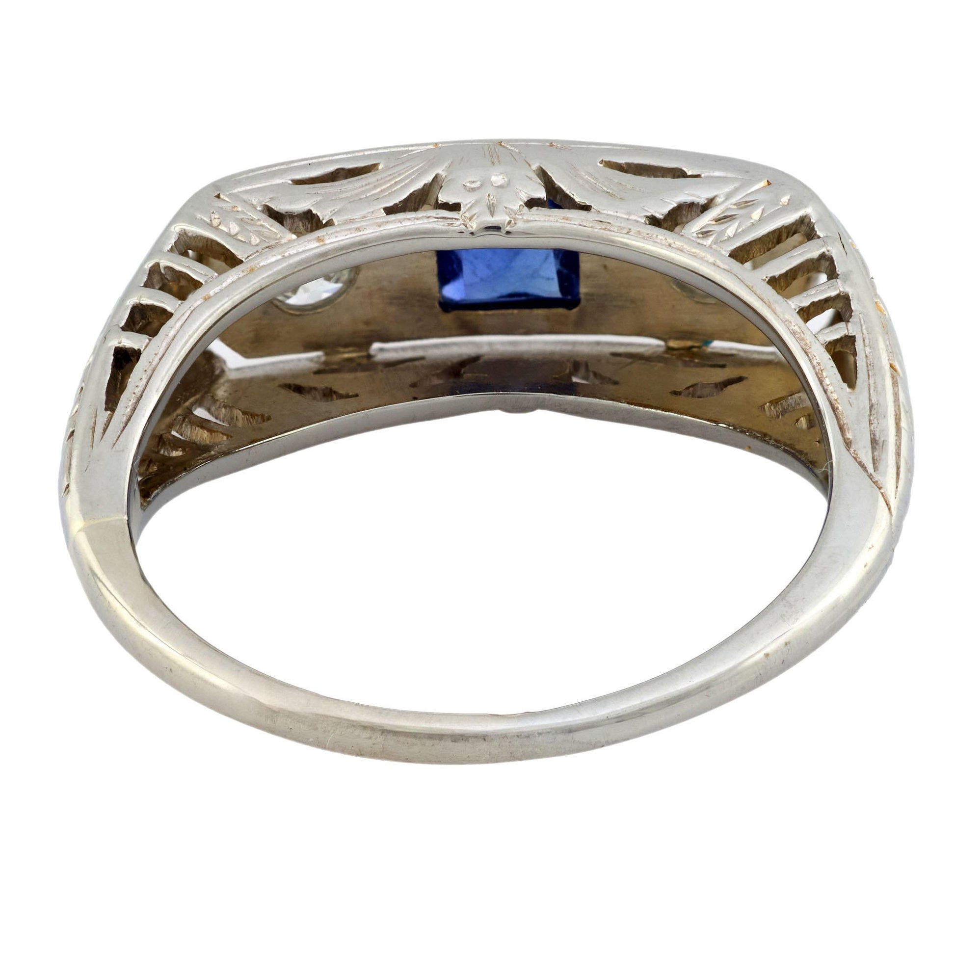 Art Deco 14k Sapphire & Diamond Three Stone Ring