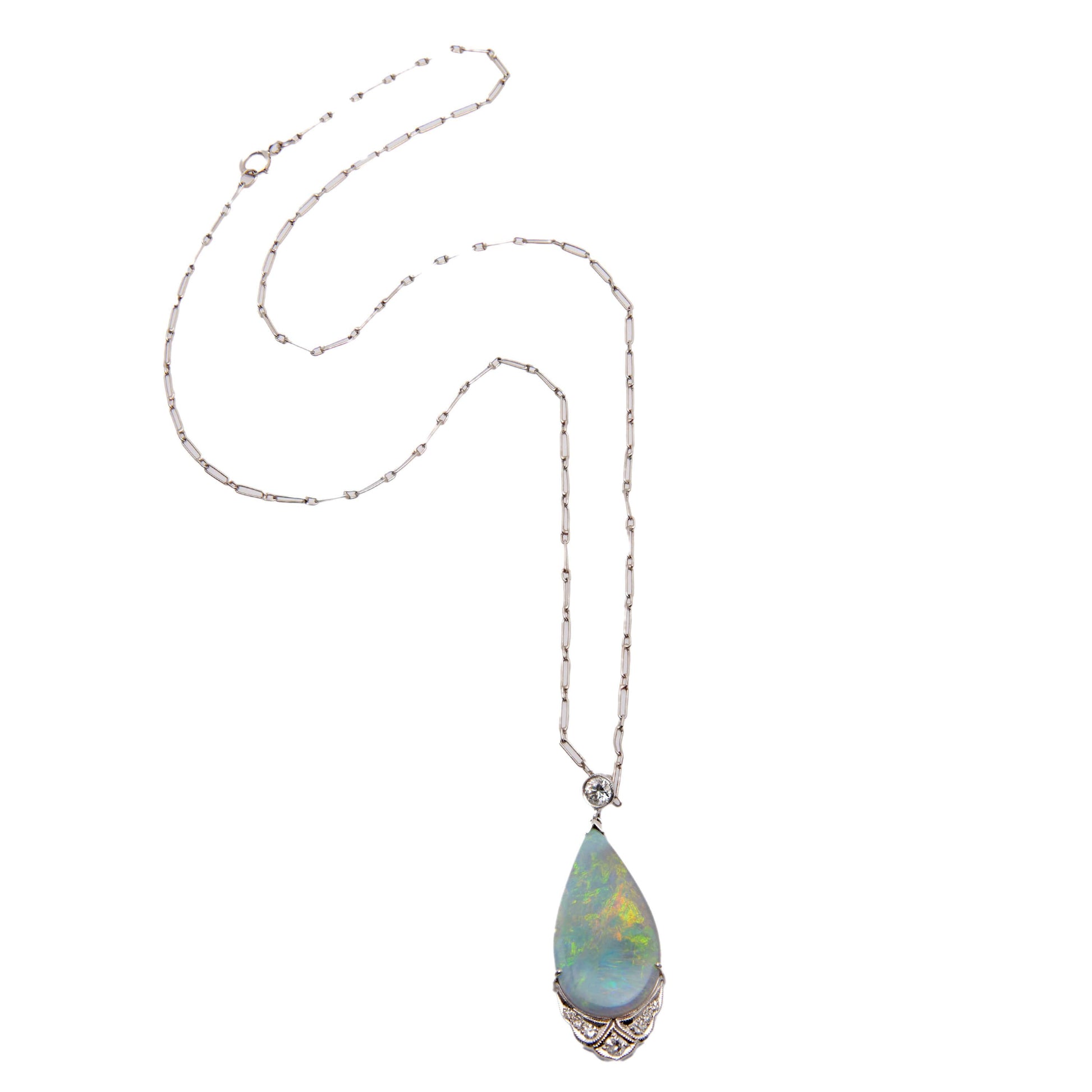 Art Deco 18k Opal and Diamond Teardrop Pendant Necklace