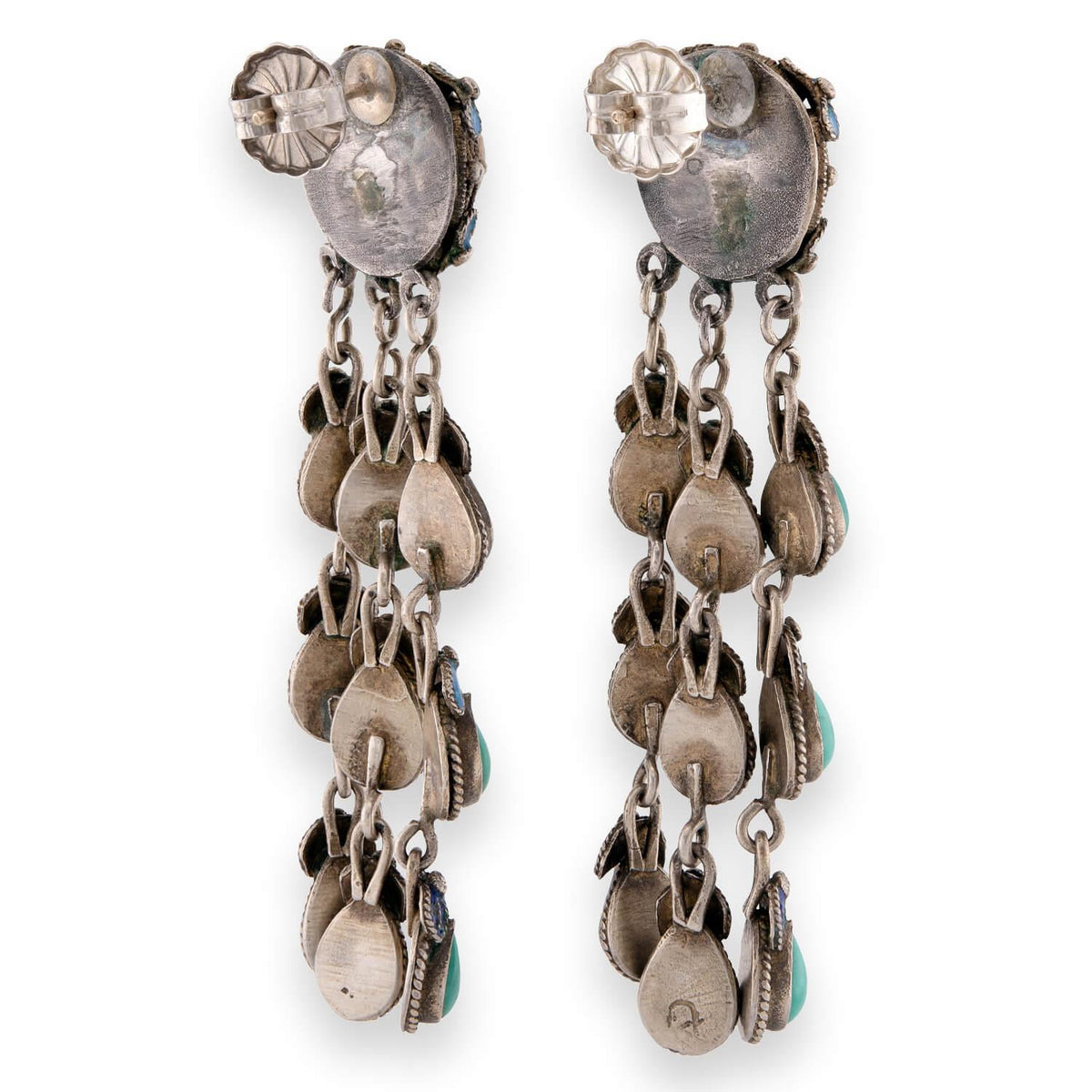 Art Deco Chinese Silver Gilt Turquoise & Enamel Dangle Earrings