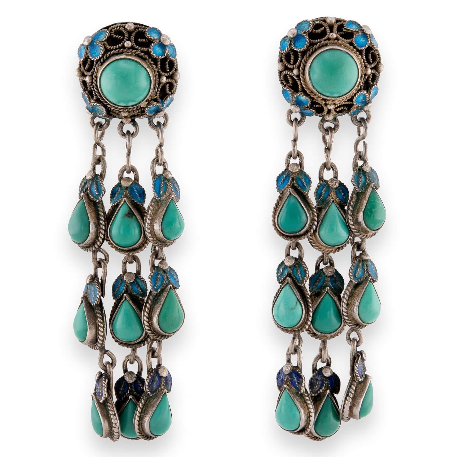 Art Deco Chinese Silver Gilt Turquoise & Enamel Dangle Earrings