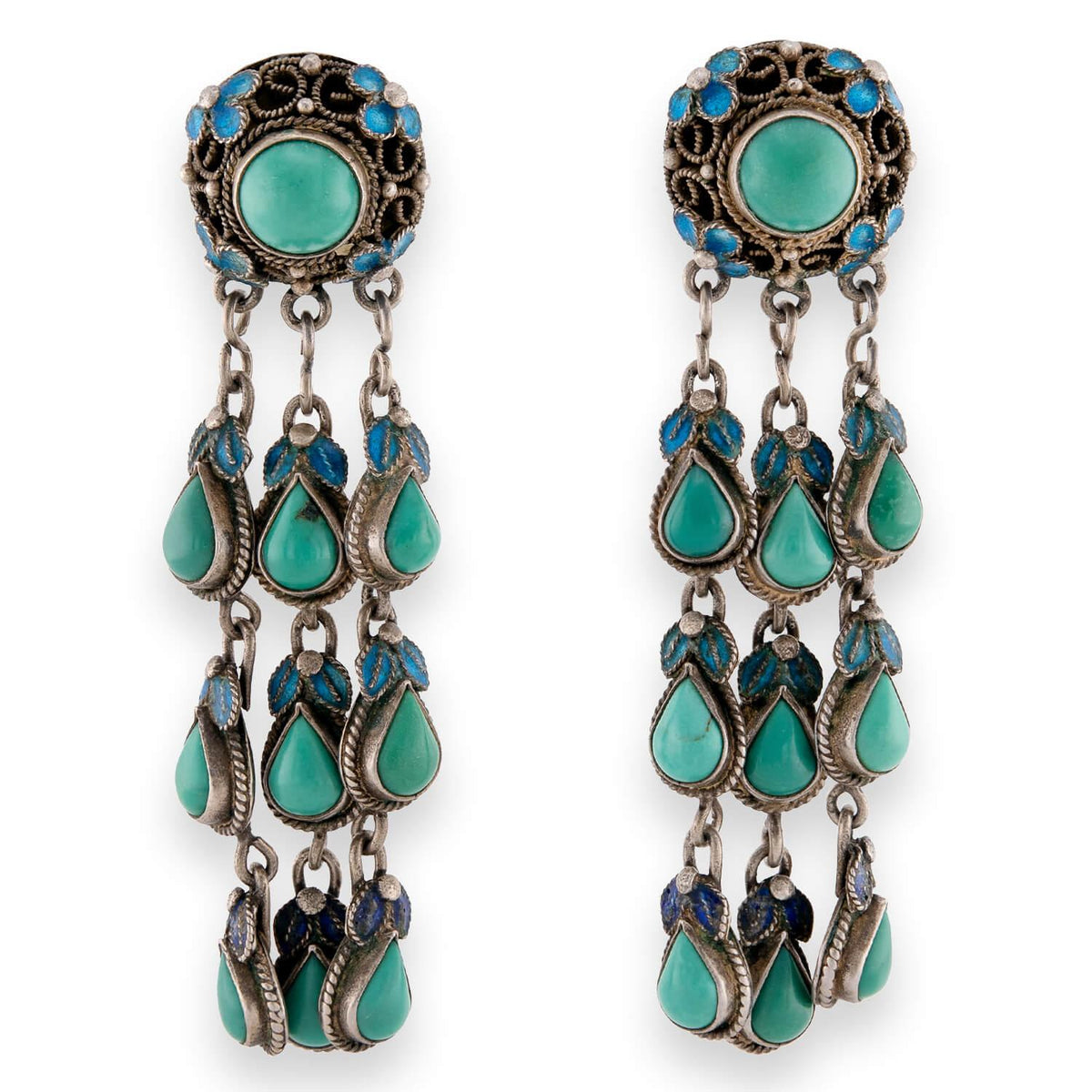 Art Deco Chinese Silver Gilt Turquoise & Enamel Dangle Earrings