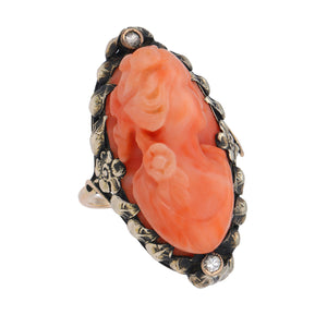 Victorian 14k Coral & Diamond Cameo Ring