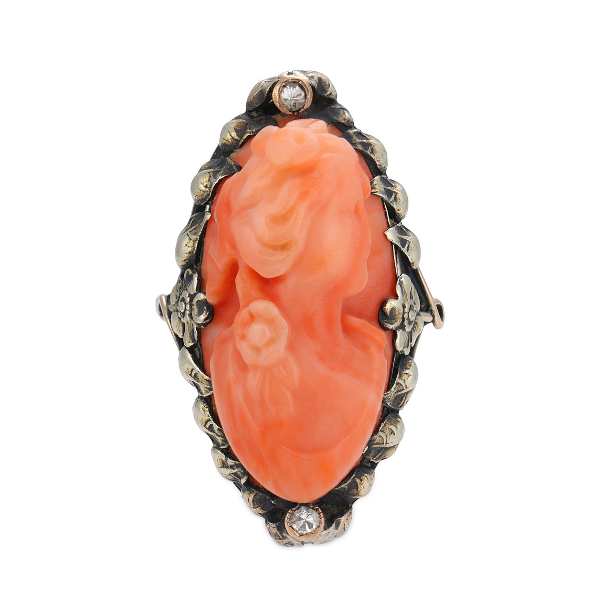 Victorian 14k Coral & Diamond Cameo Ring