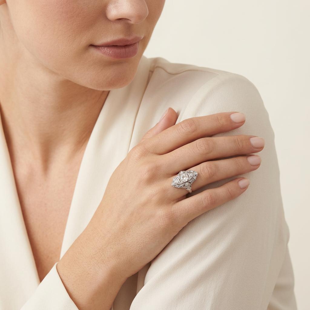 Edwardian Platinum Diamond Navette Ring