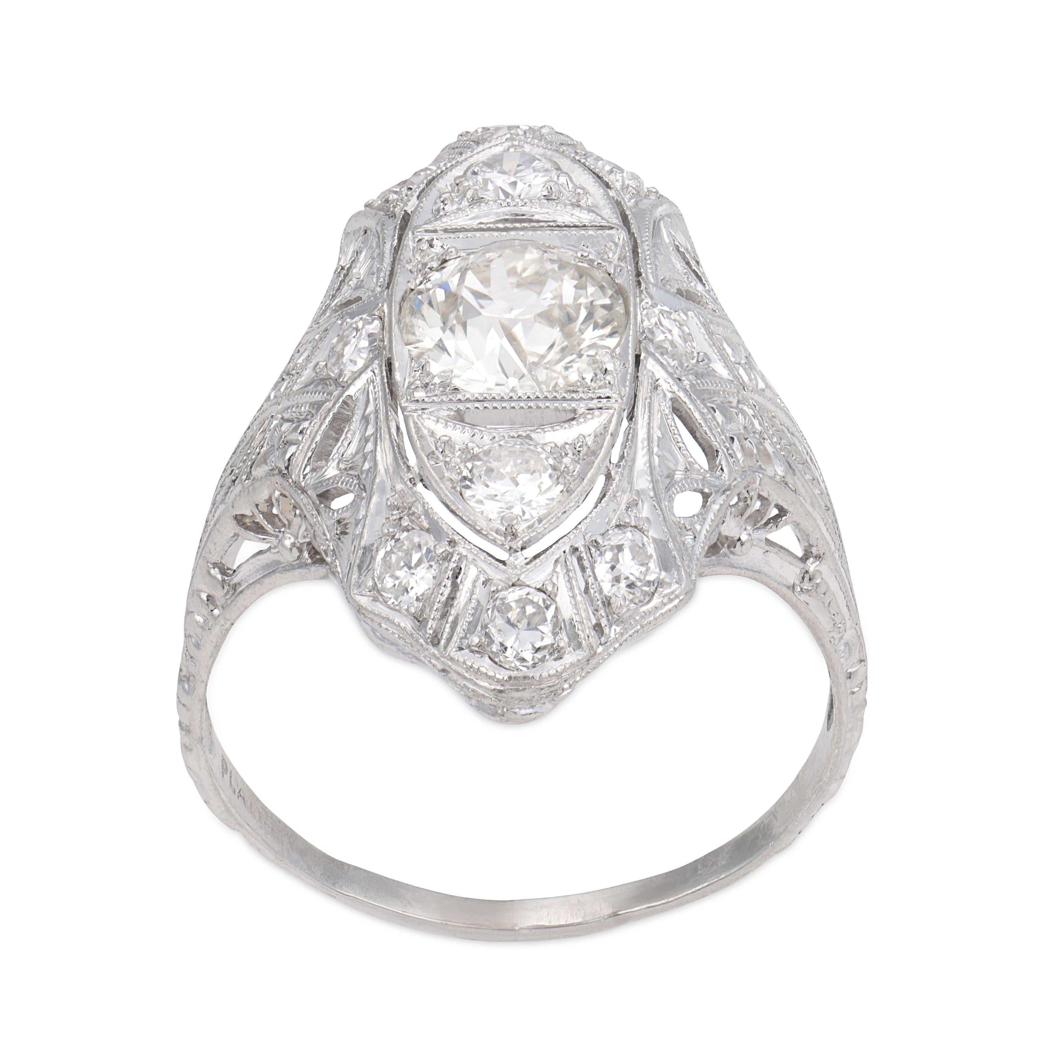Edwardian Platinum Diamond Navette Ring