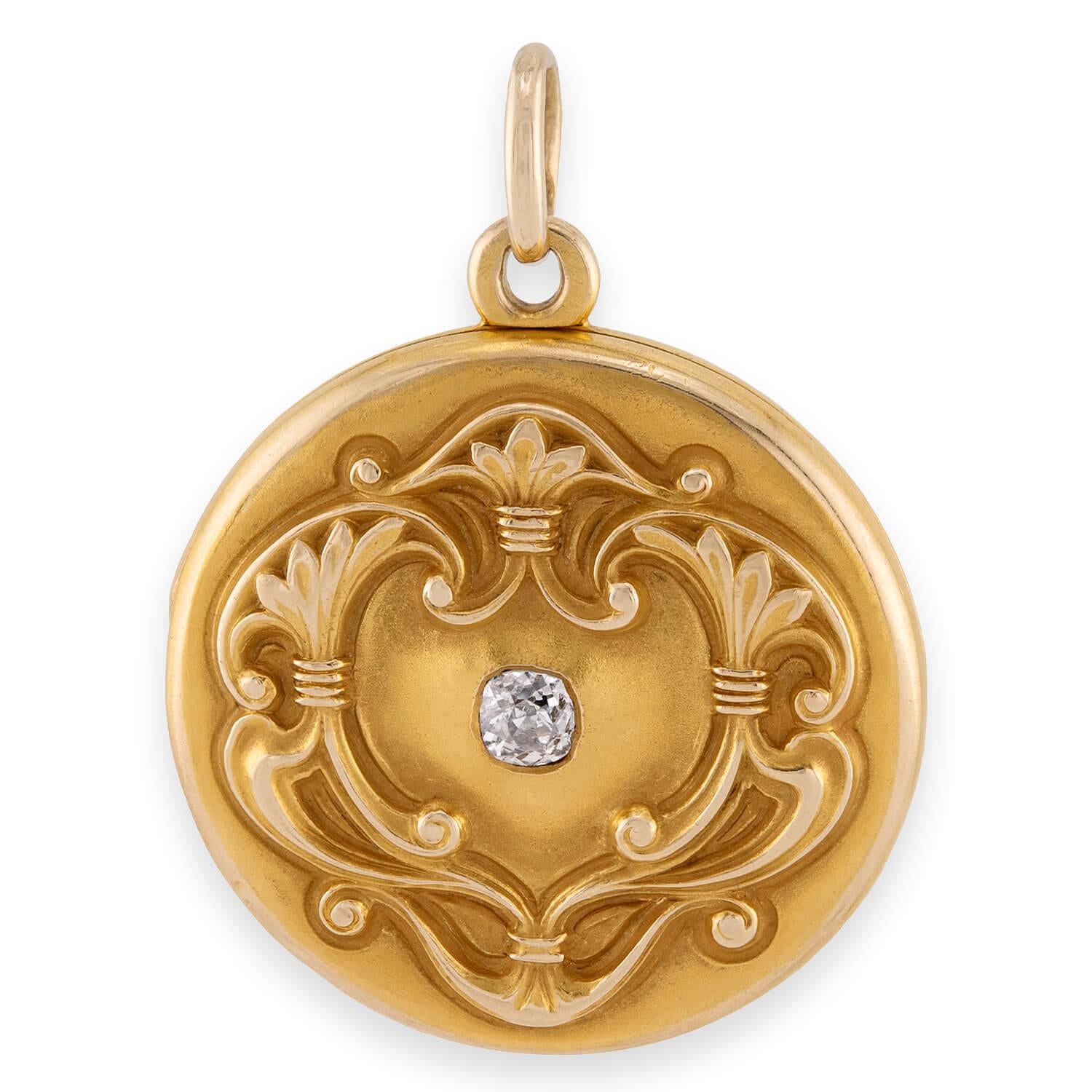 Art Nouveau 14k Diamond Repoussé Locket Pendant