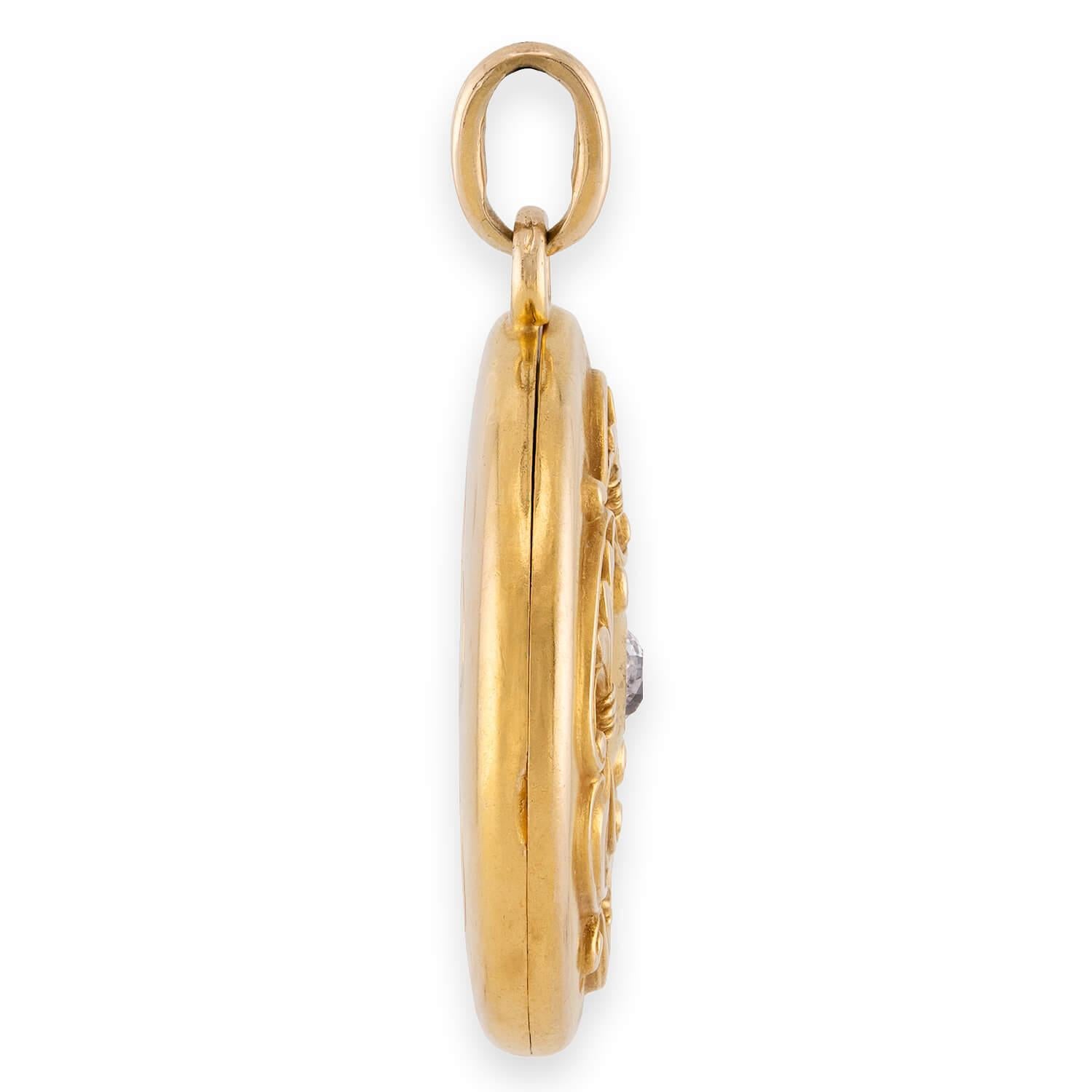 Art Nouveau 14k Diamond Repoussé Locket Pendant