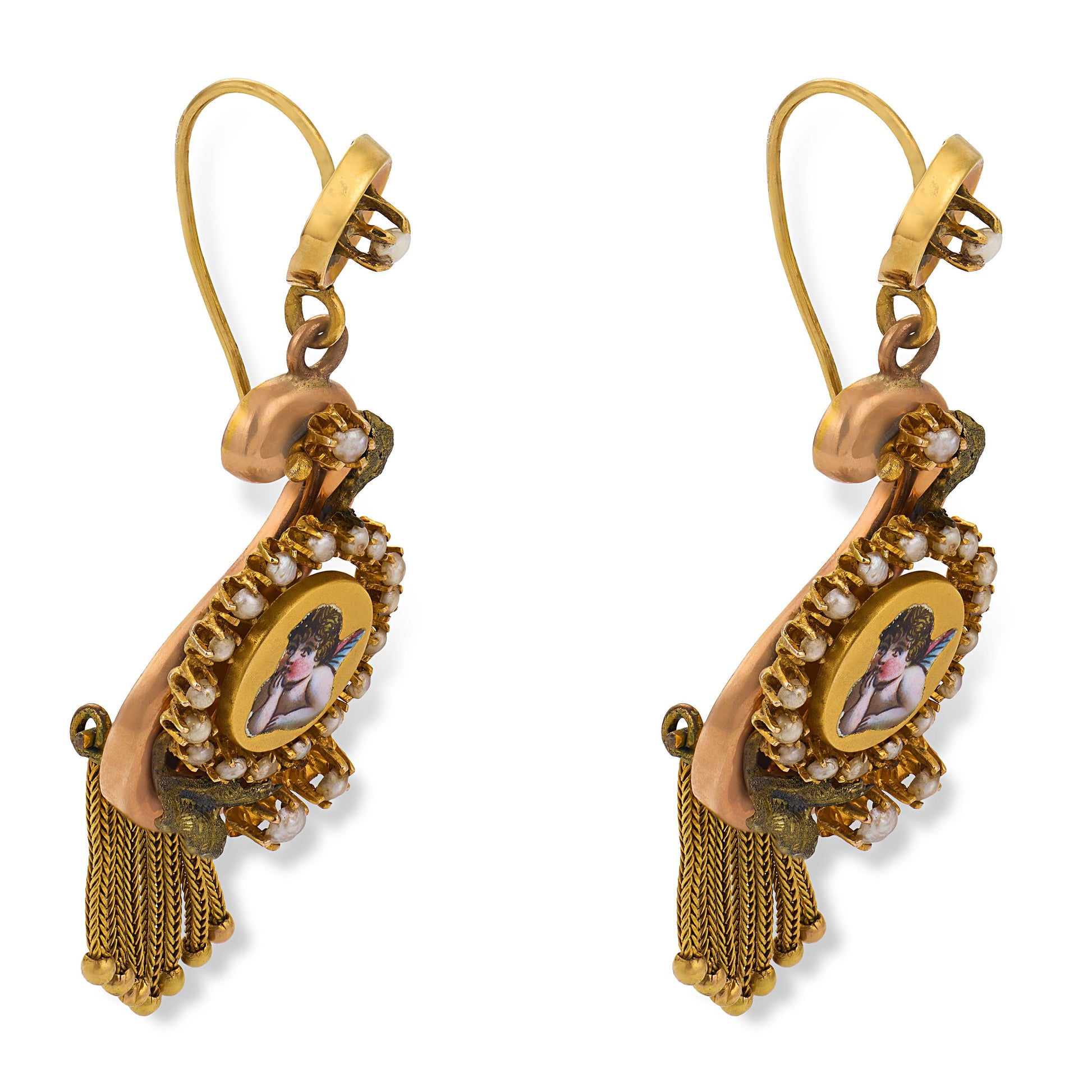 Victorian 14k Pearl & Enamel Cherub-Motif Dangle Earrings