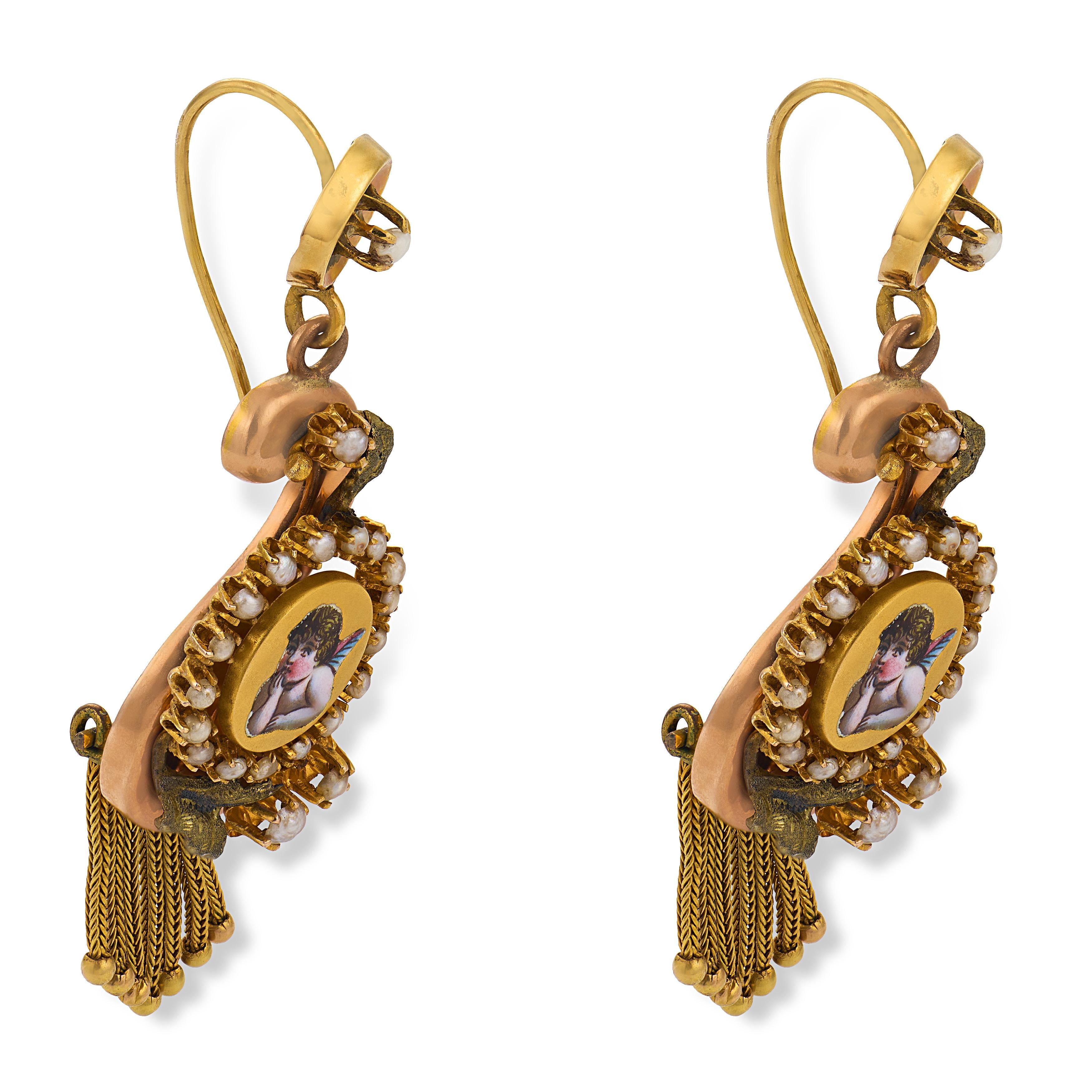 Victorian 14k Pearl & Enamel Cherub-Motif Dangle Earrings