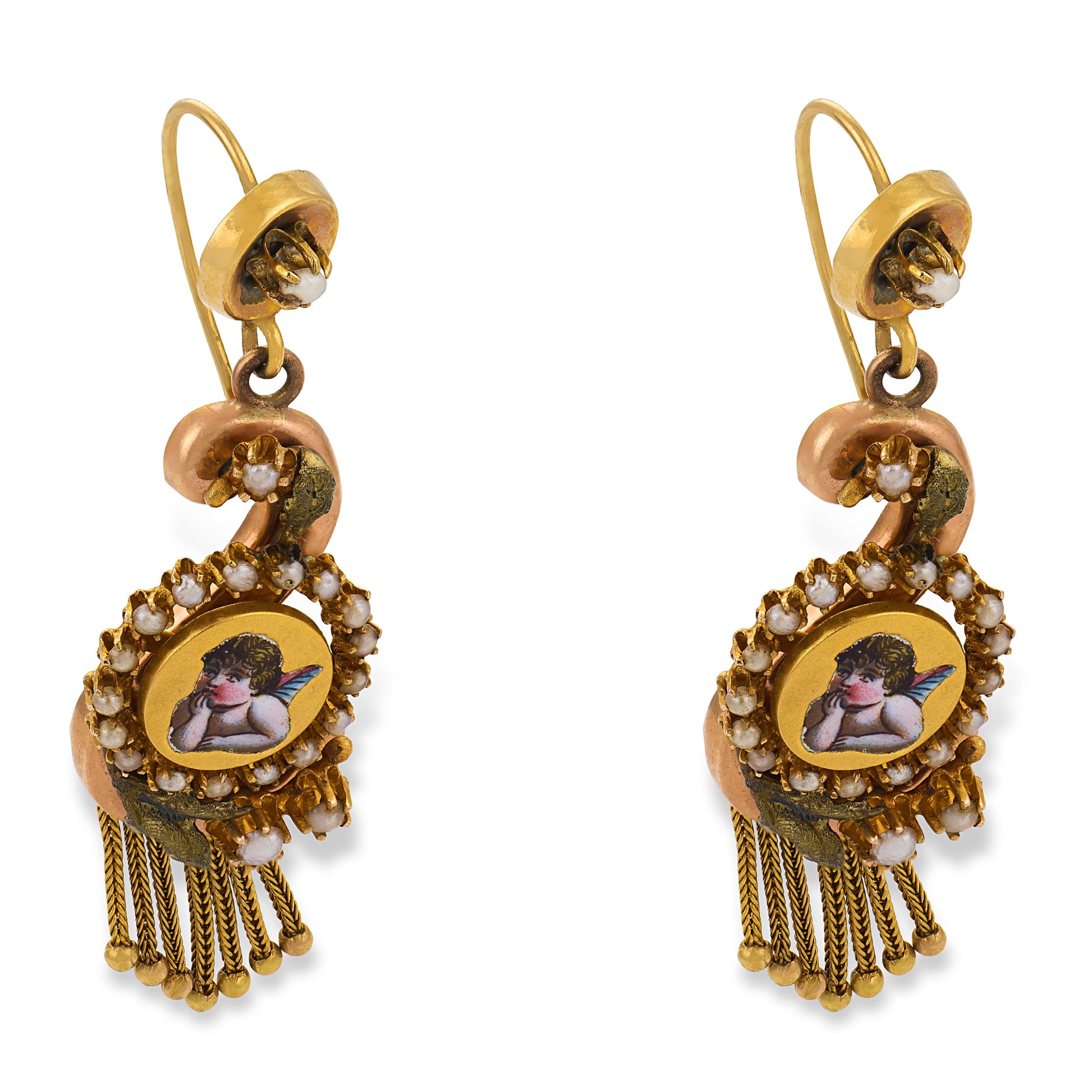 Victorian 14k Pearl & Enamel Cherub-Motif Dangle Earrings