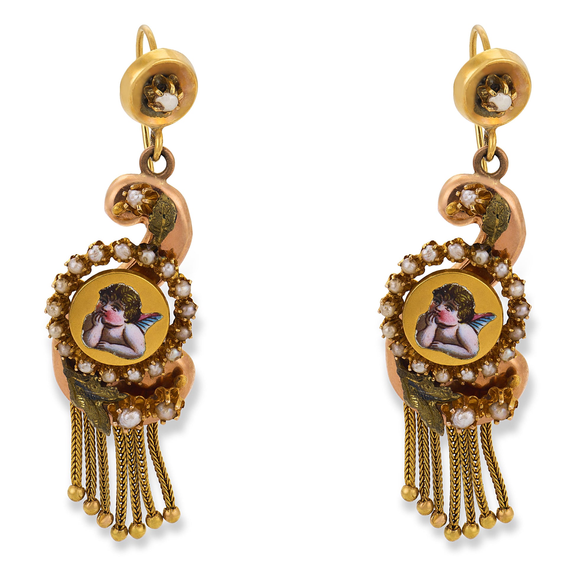 Victorian 14k Pearl & Enamel Cherub-Motif Dangle Earrings