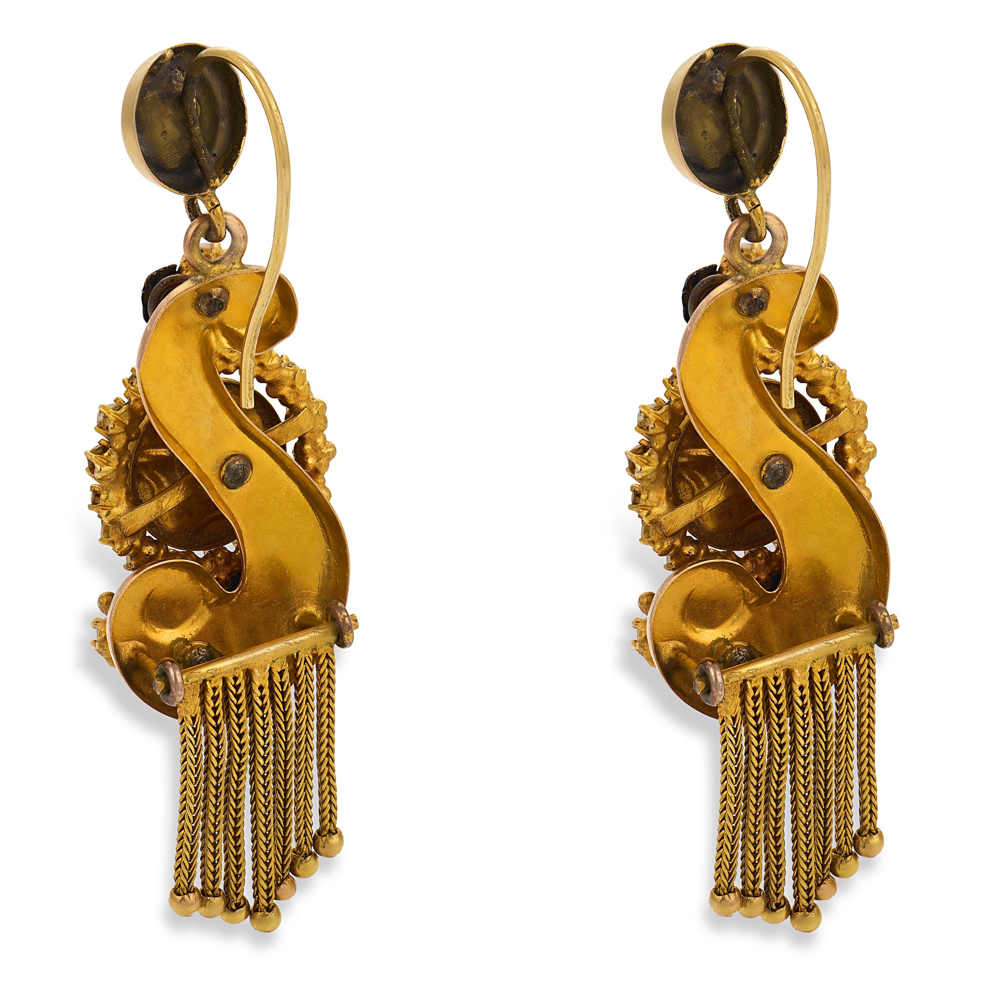 Victorian 14k Pearl & Enamel Cherub-Motif Dangle Earrings