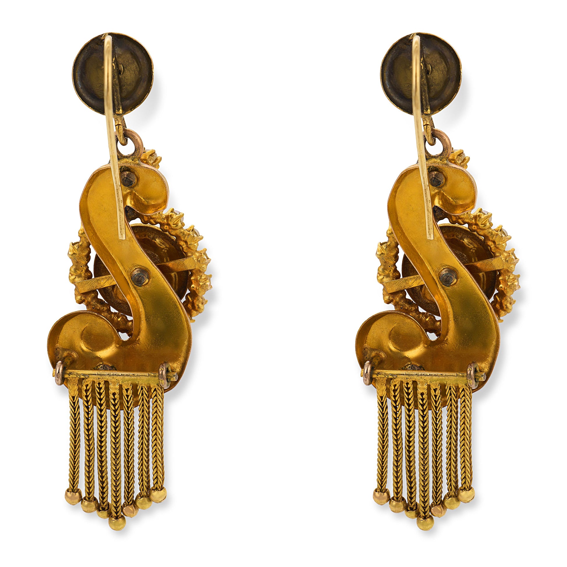Victorian 14k Pearl & Enamel Cherub-Motif Dangle Earrings