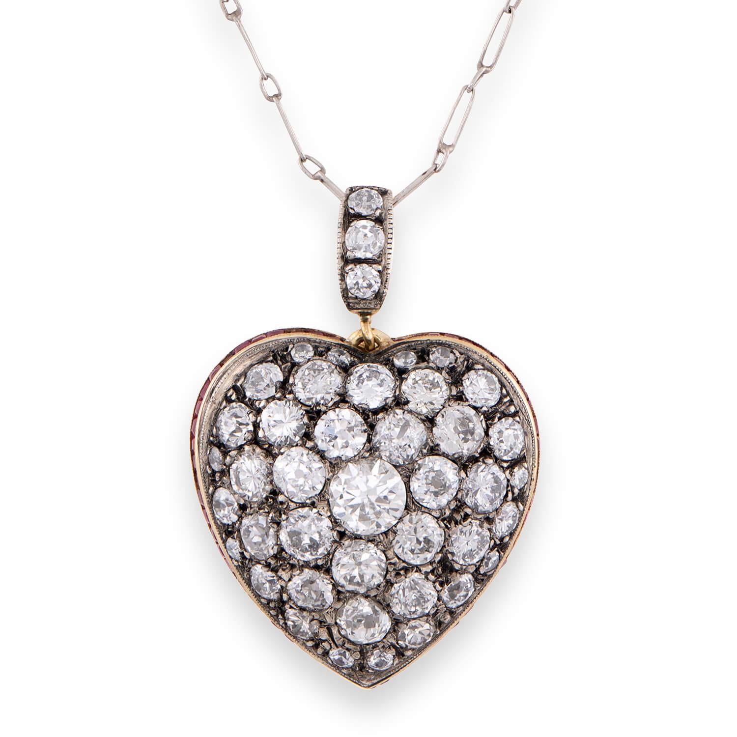 Victorian 18k Diamond & Ruby Heart-Motif Pendant Necklace