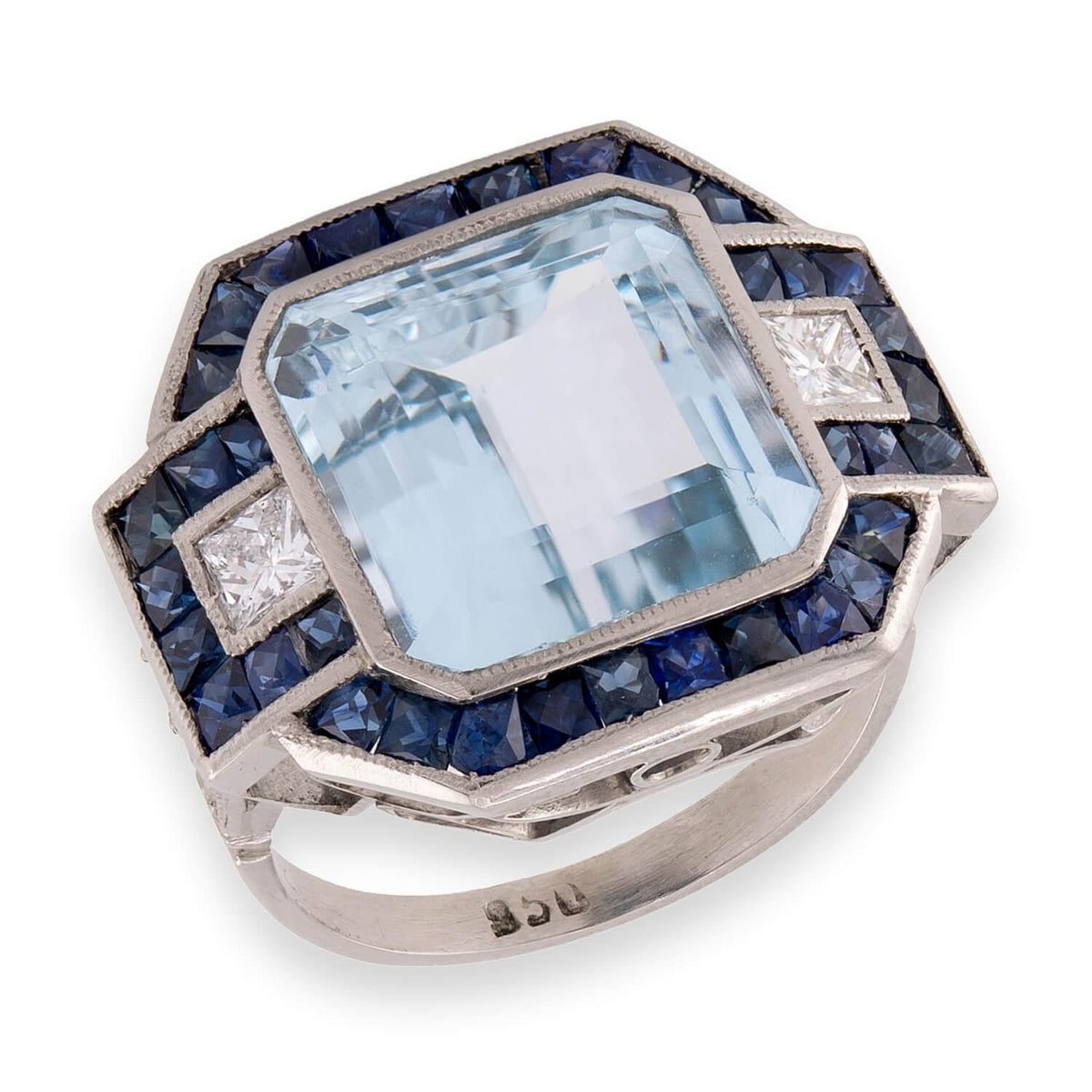 Vintage Platinum Aqua, Sapphire, & Diamond Cocktail Ring