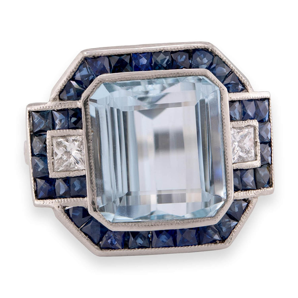 Vintage Platinum Aqua, Sapphire, & Diamond Cocktail Ring