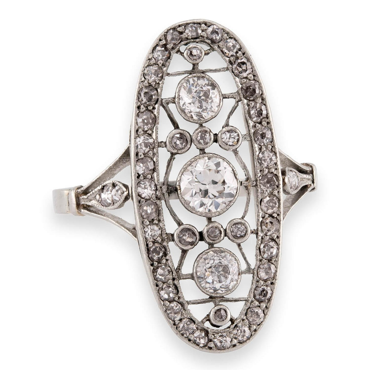 Edwardian Russian Platinum Diamond Navette Ring