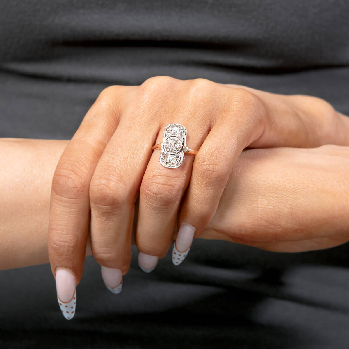 Edwardian 14k/Platinum Diamond Navette Ring