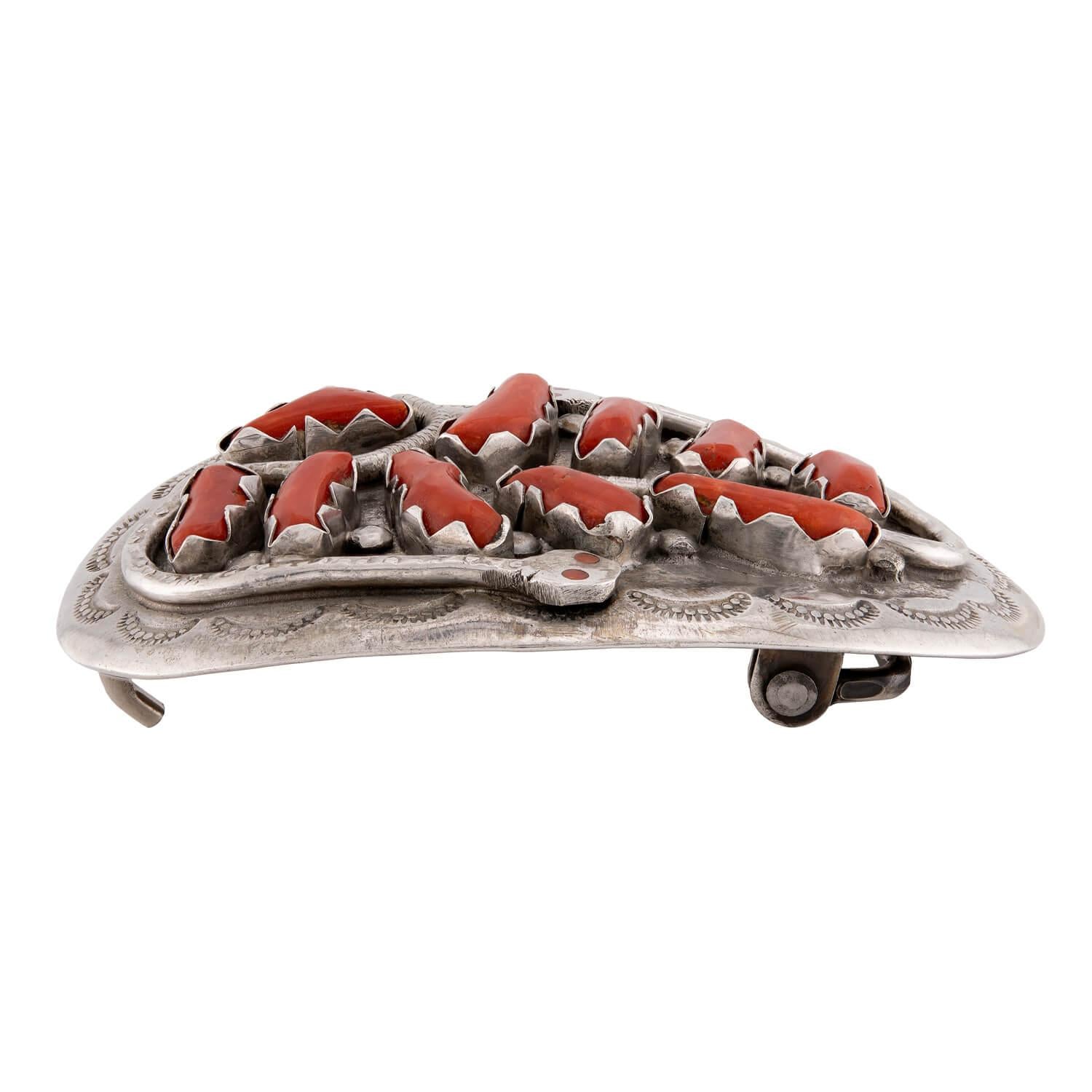 EFFIE C. Vintage Native American Sterling Silver Coral Belt Buckle