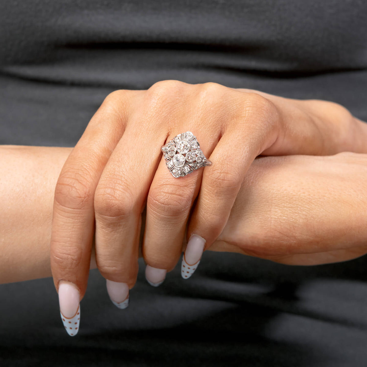 Art Deco Platinum 1ctw Old European Diamond Navette Ring
