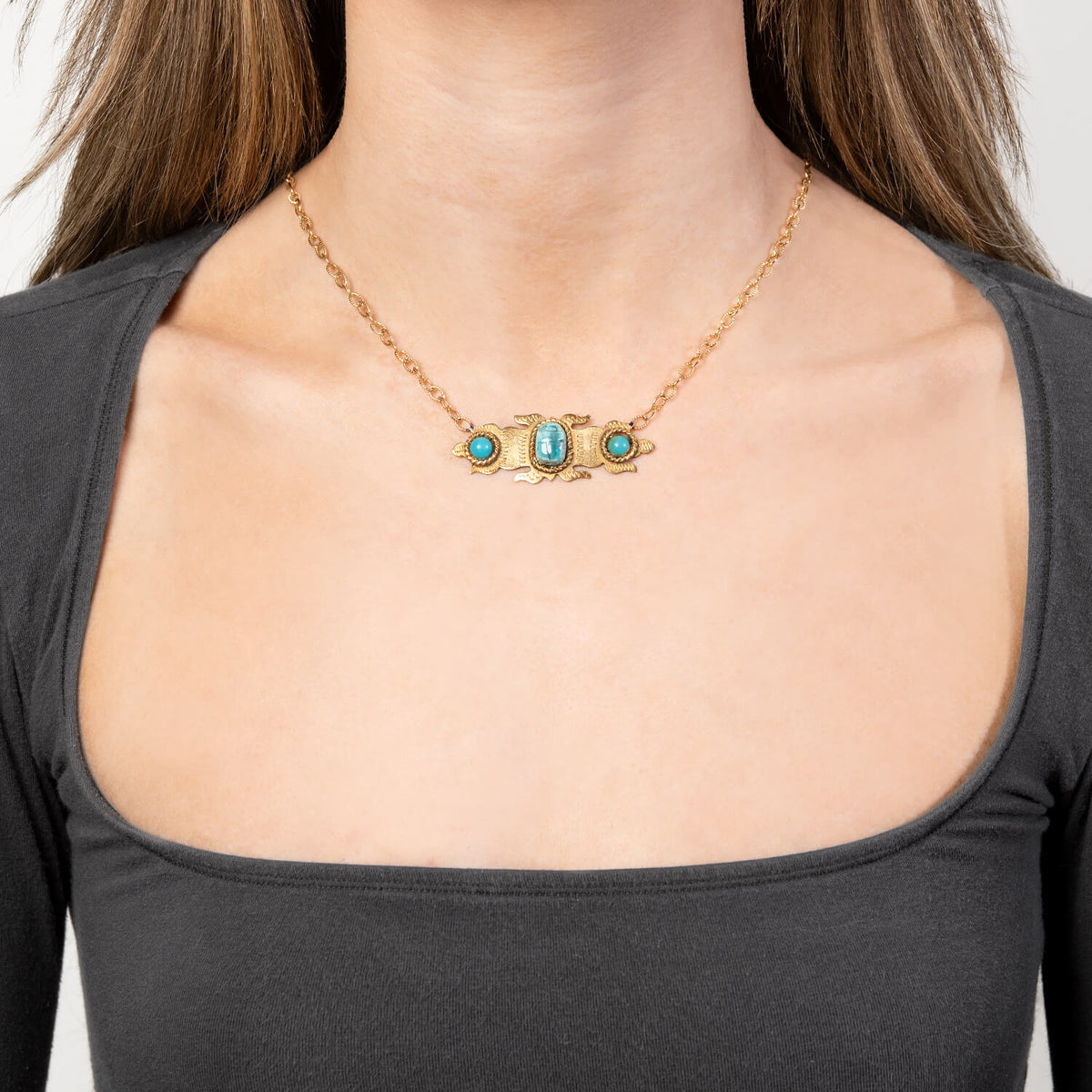 Victorian Gold-Fill Faience & Turquoise Scarab-Motif Pendant Necklace