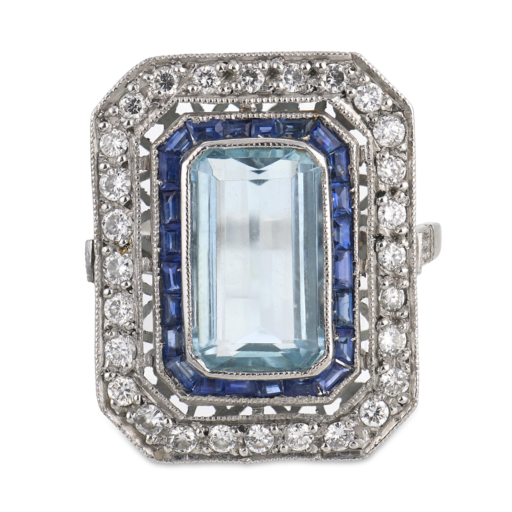 Estate Platinum Aqua, Sapphire, & Diamond Statement Ring