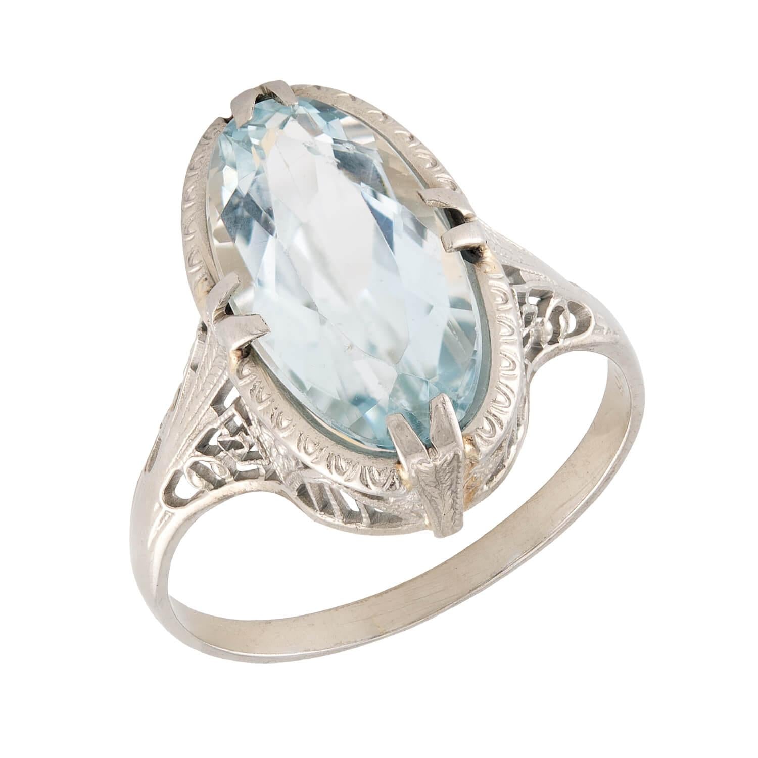 Art Deco 18k Aqua Navette Ring