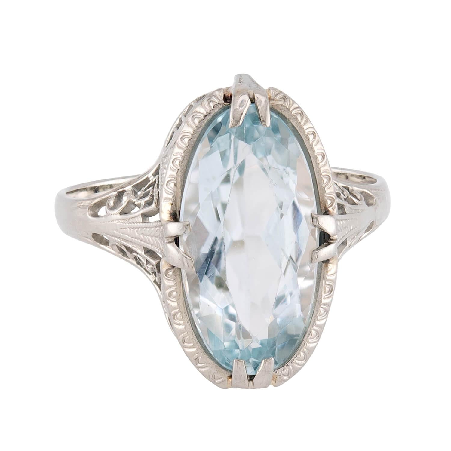 Art Deco 18k Aqua Navette Ring
