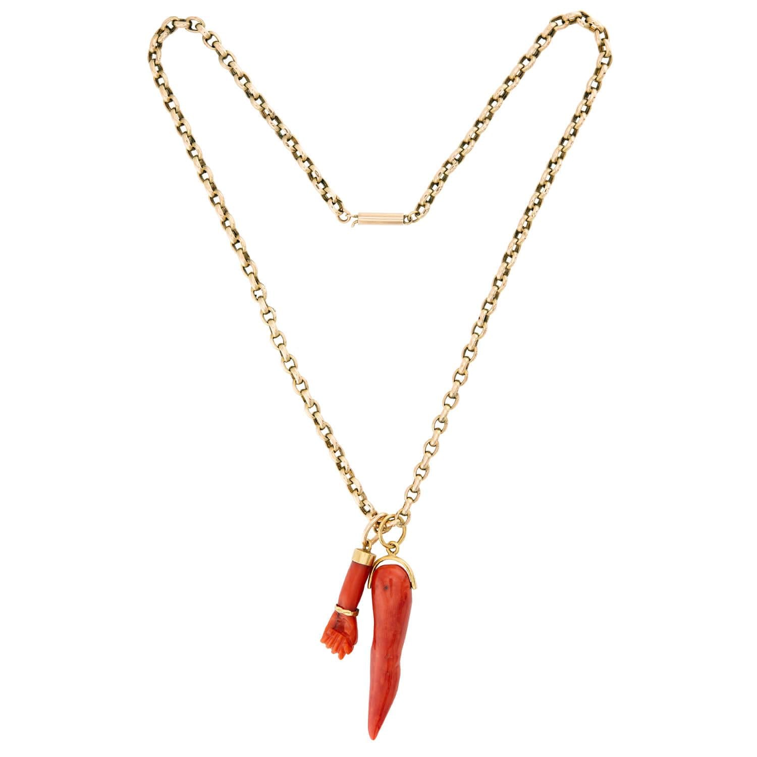 Victorian 9k Figa & Cornicello Charm Necklace