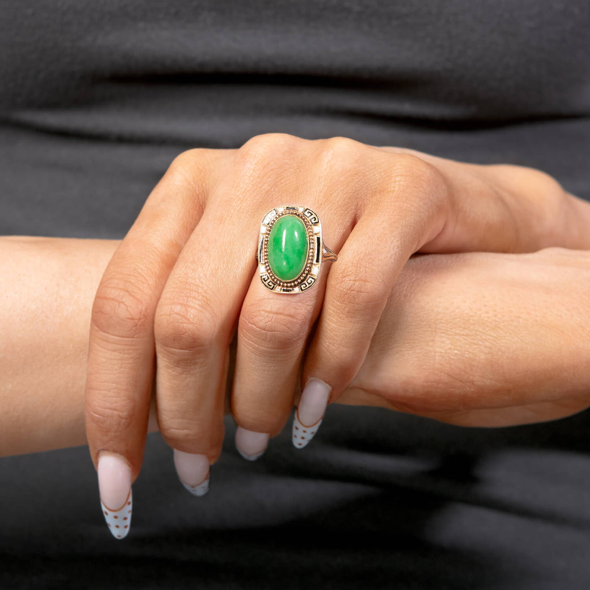 Art Deco 14k Jade & Enamel Ring