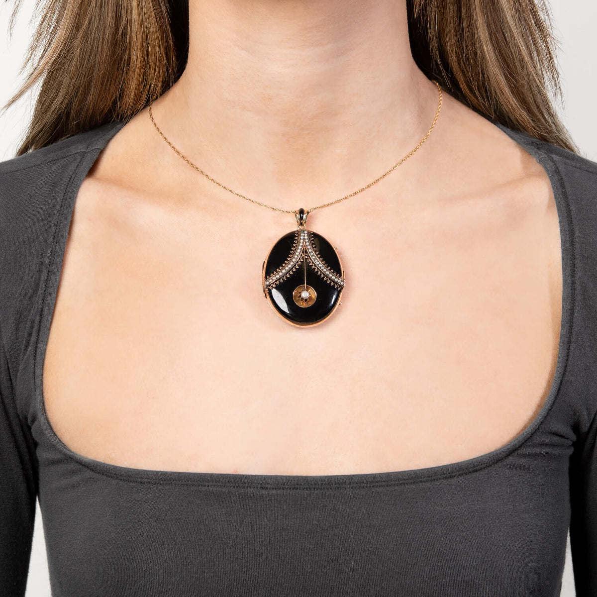 Victorian 14k Onyx & Pearl Locket Pendant